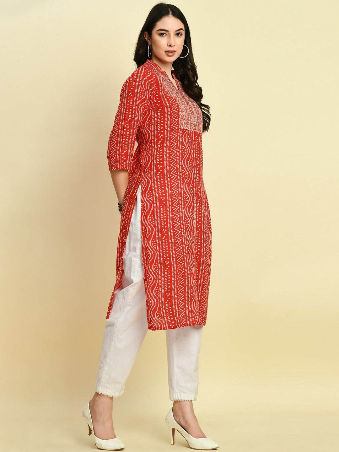 

KALINI Bandhani Printed Band Collar Sequins Kurta, Red