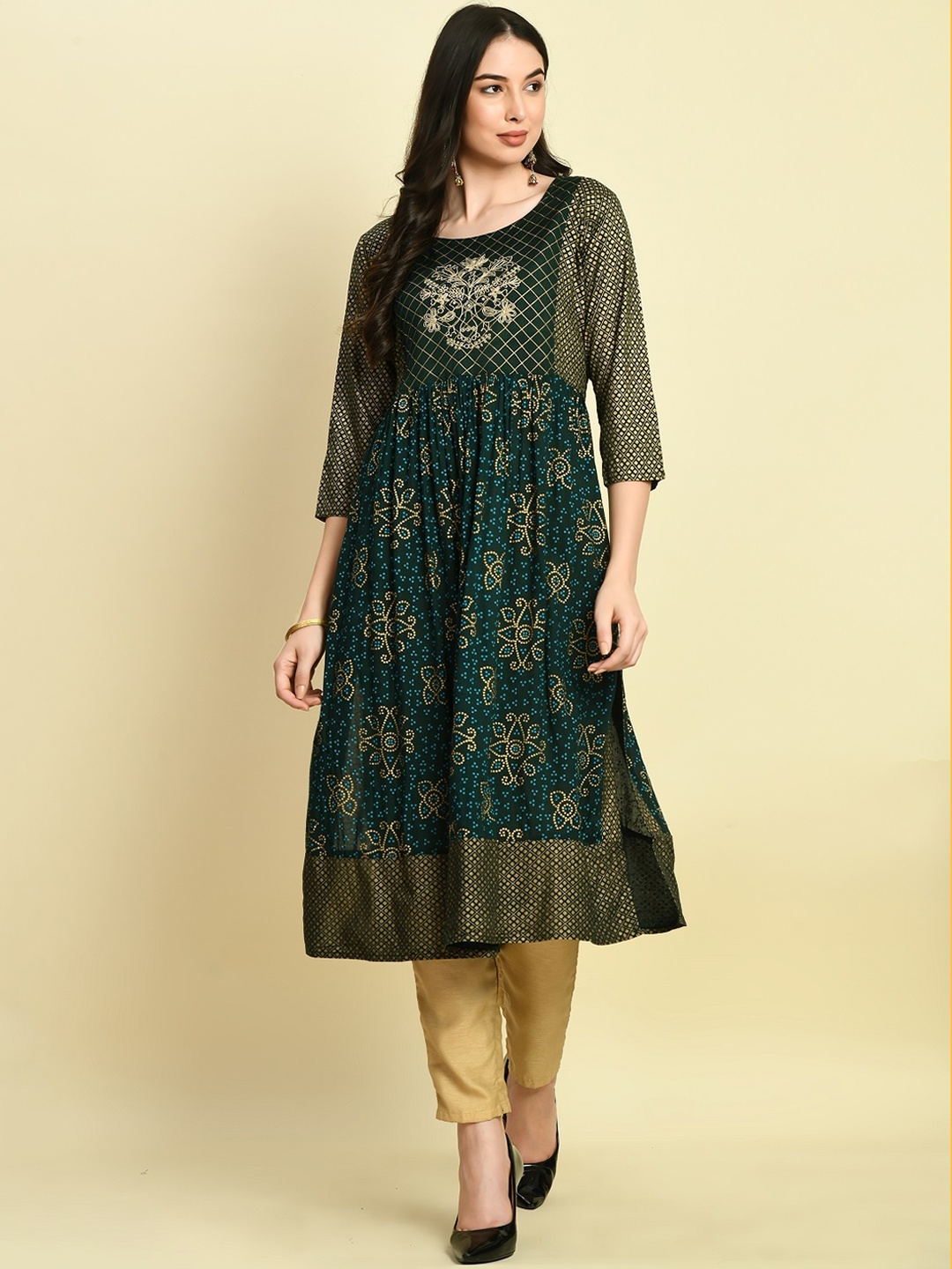 

KALINI Bandhani Printed Thread Work Anarkali Kurta, Green