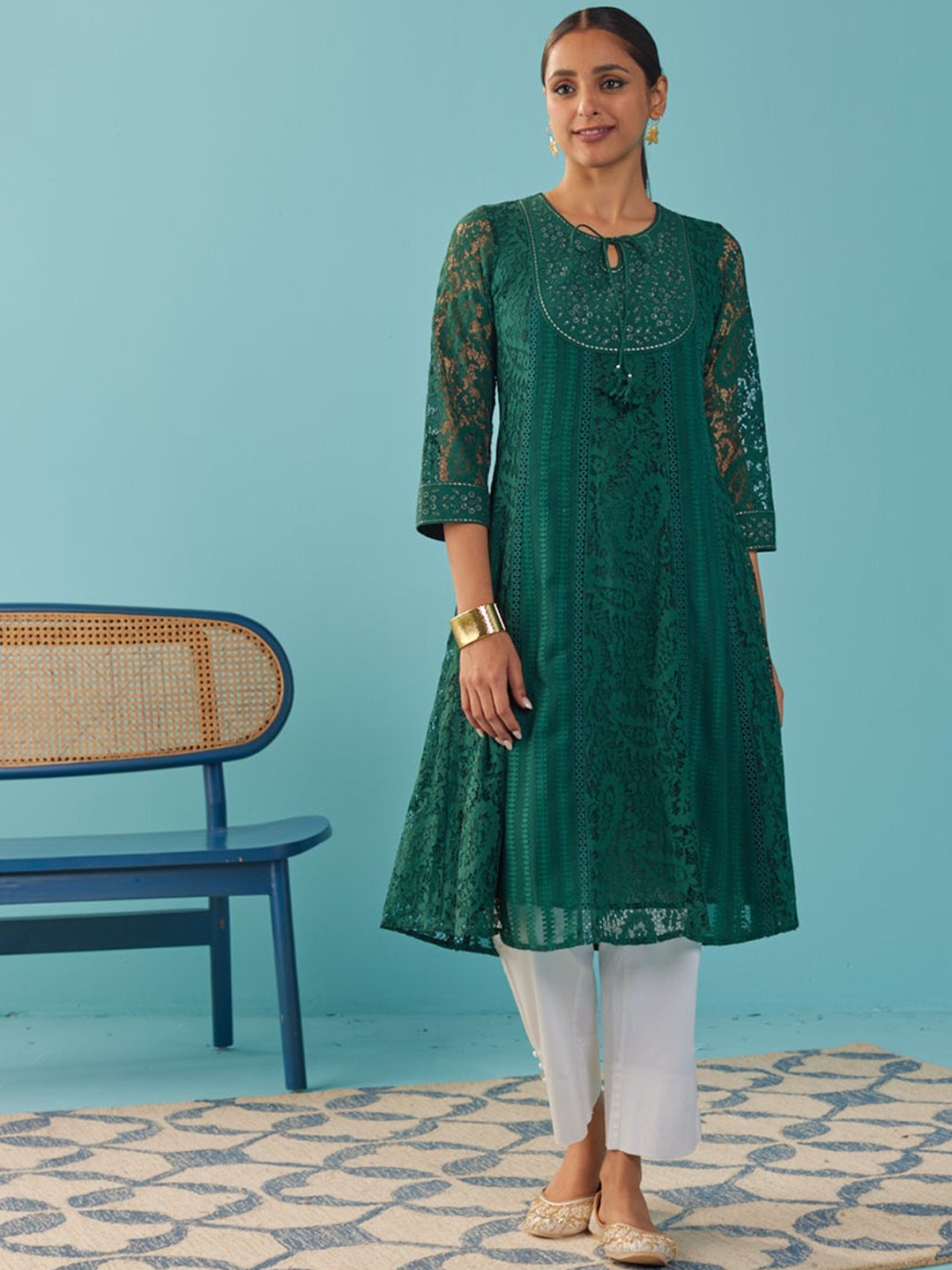 

Lakshita Yoke Design Keyhole Neck Floral Anarkali Kurta, Green