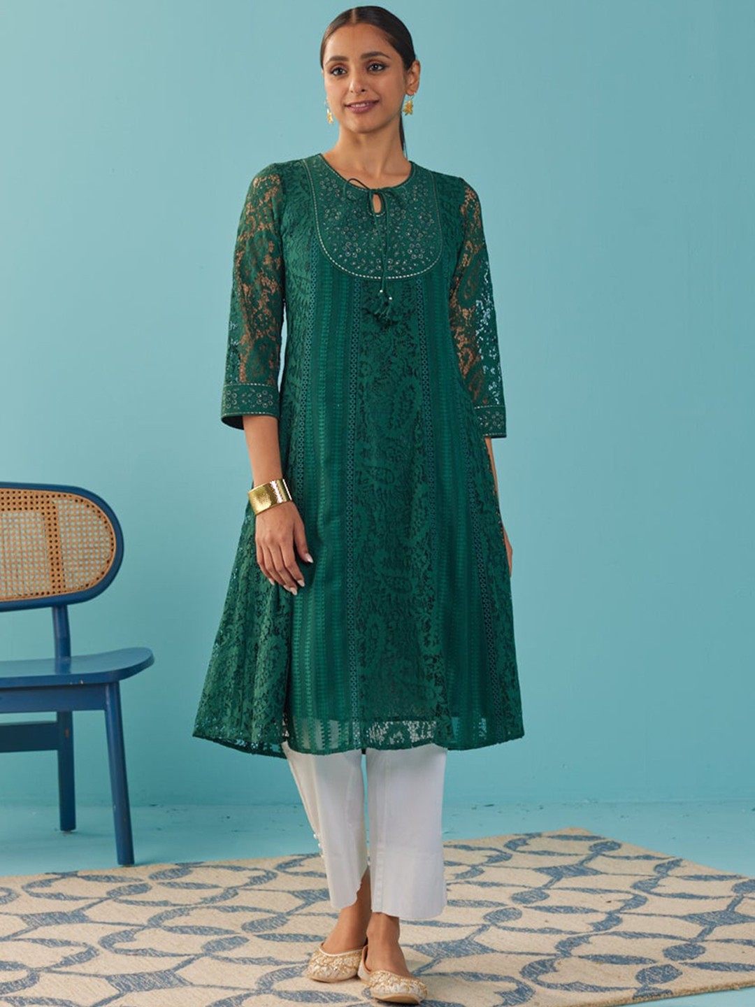 

Lakshita Yoke Design Tie-Up Neck Zari Floral Anarkali Kurta, Green