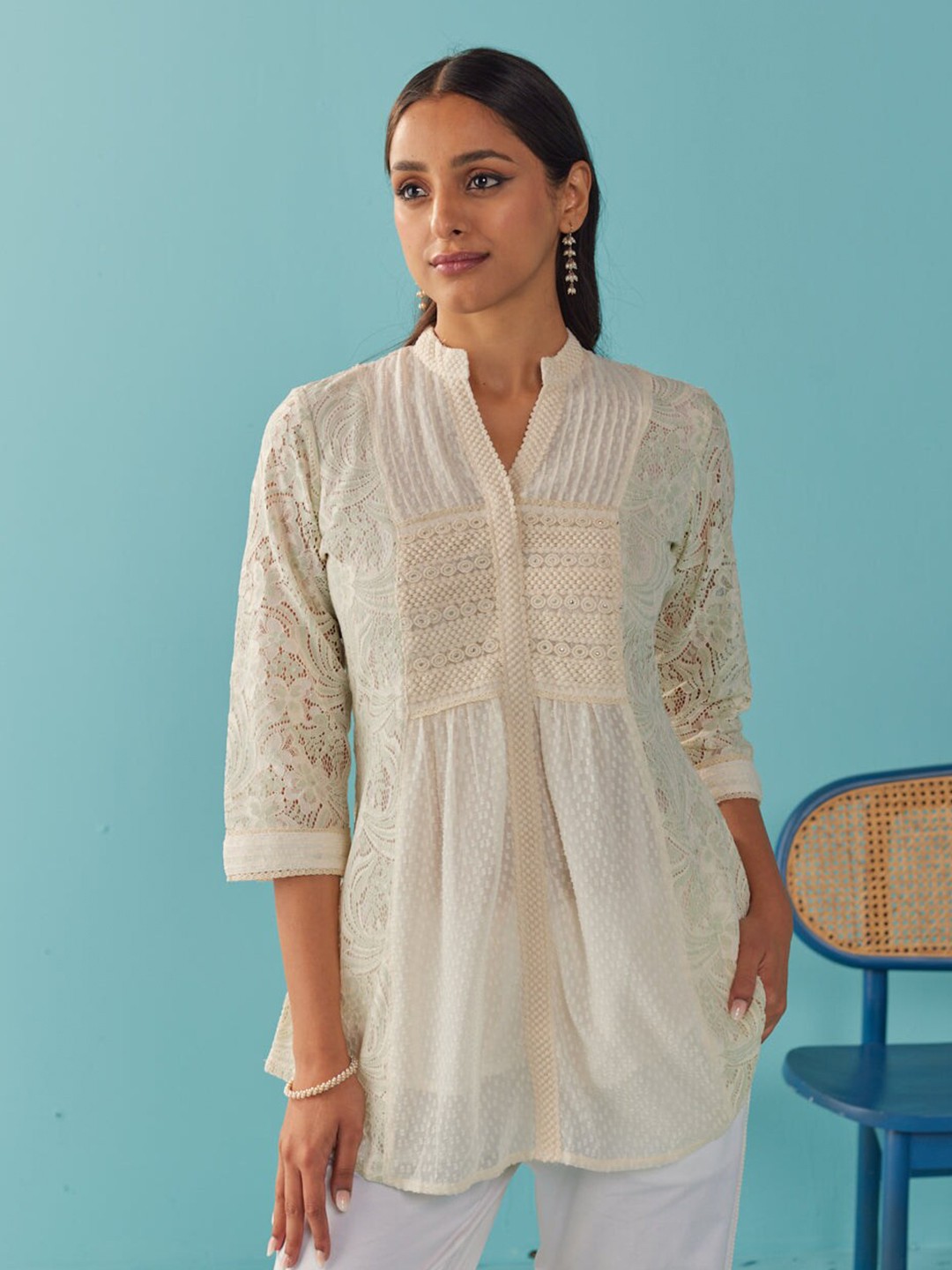 

Lakshita Self Design Mandarin Collar Tunic, White