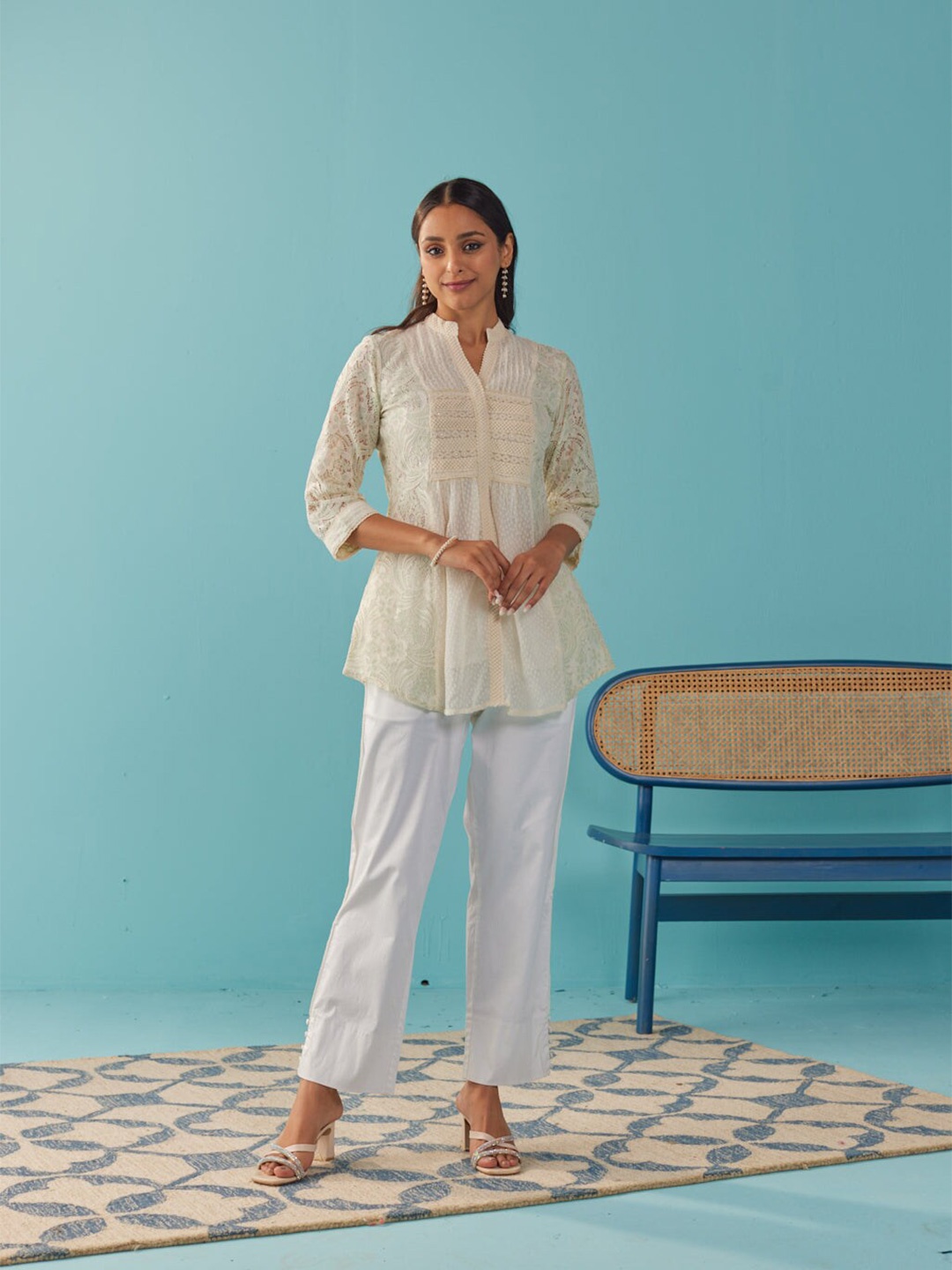 

Lakshita Self Design Mandarin Collar Tunic, Green