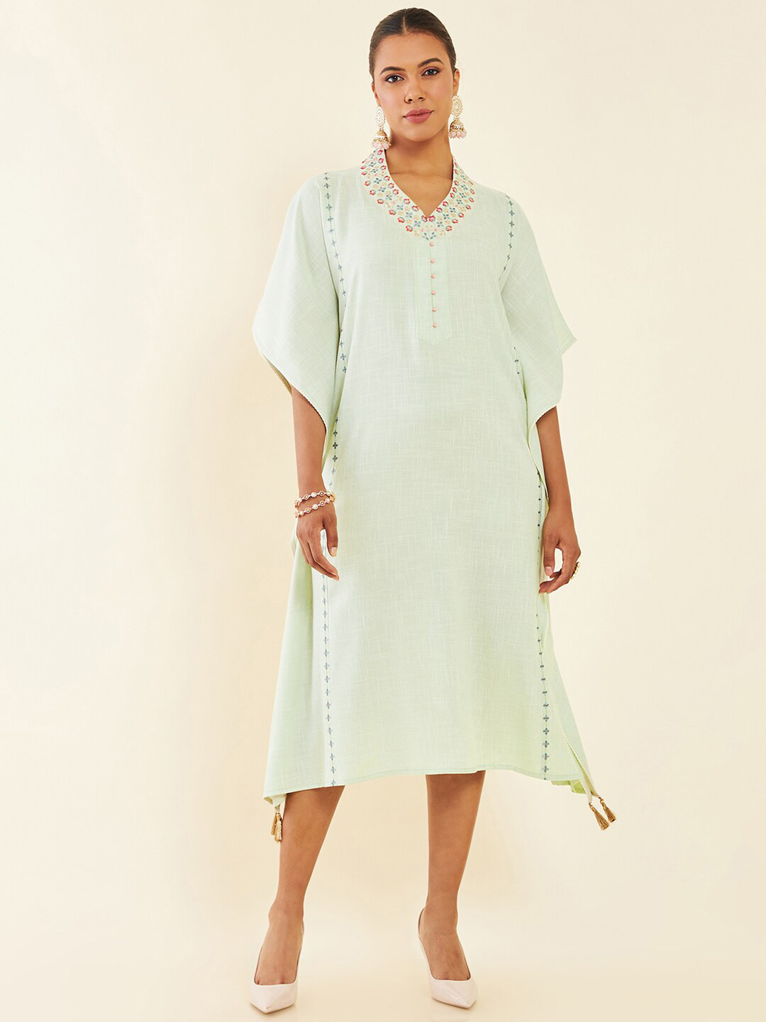 

Soch Yellow Extended Sleeves Embroidered Midi Kaftan Dress, Green
