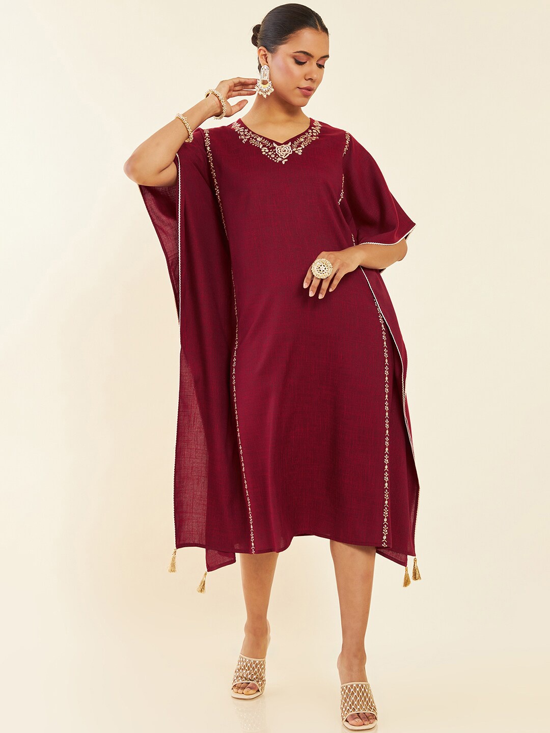 

Soch Maroon Floral Embroidered Extended Sleeves Kaftan Midi Ethnic Dress