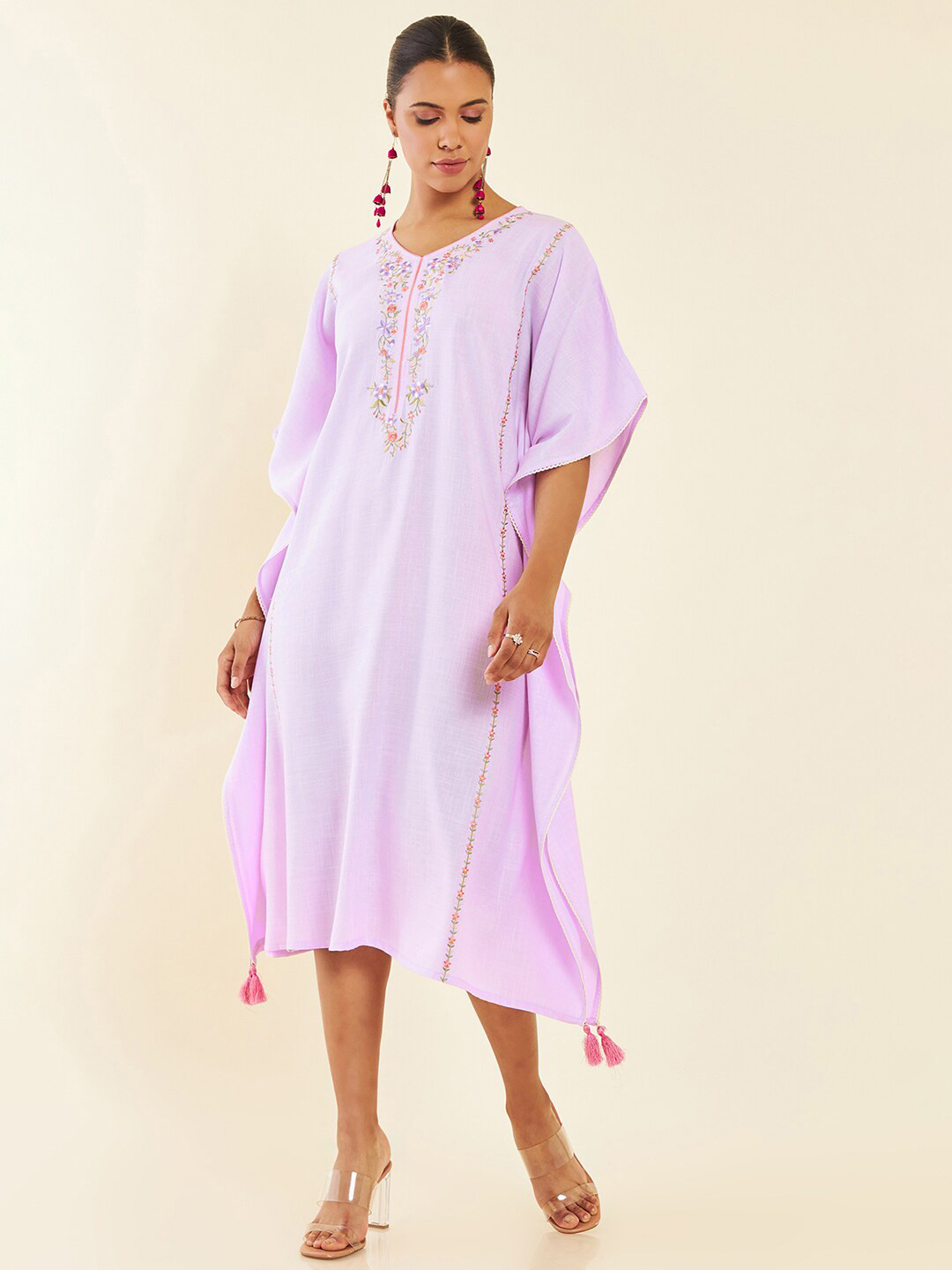

Soch Purple Floral Embroidered Flared Sleeve Kaftan Dress, Lavender
