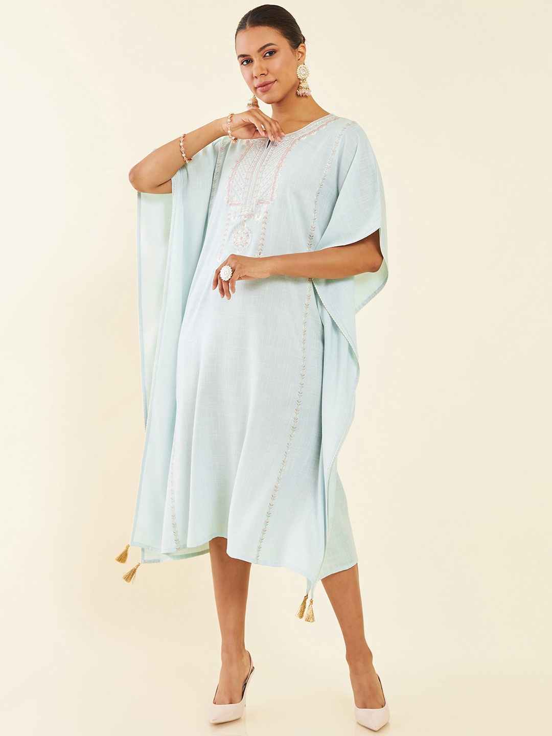 

Soch Blue Extended Sleeves Embroidered Midi Kaftan Dress