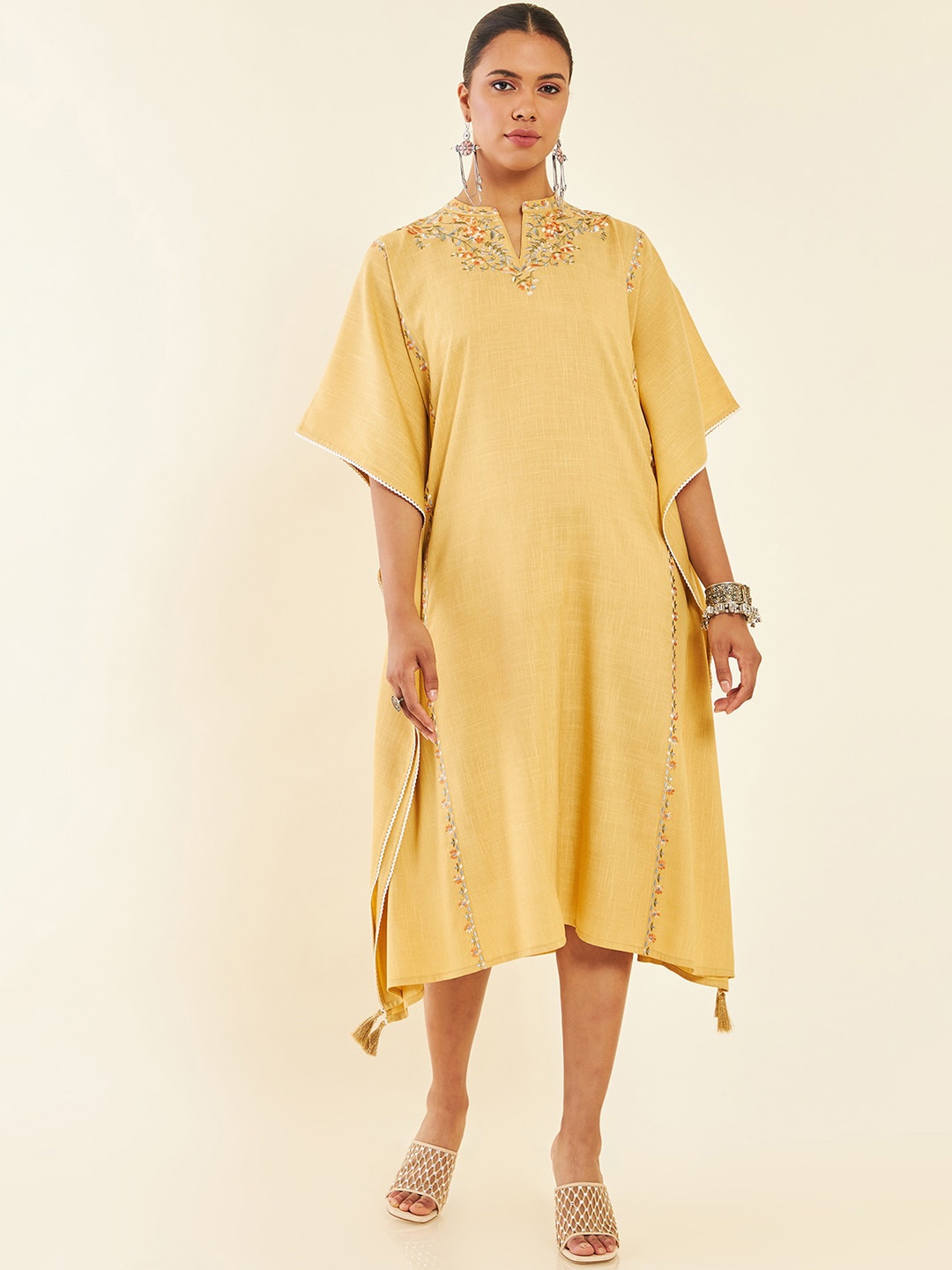 

Soch Yellow Floral Embroidered Extended Sleeves Kaftan Midi Ethnic Dress