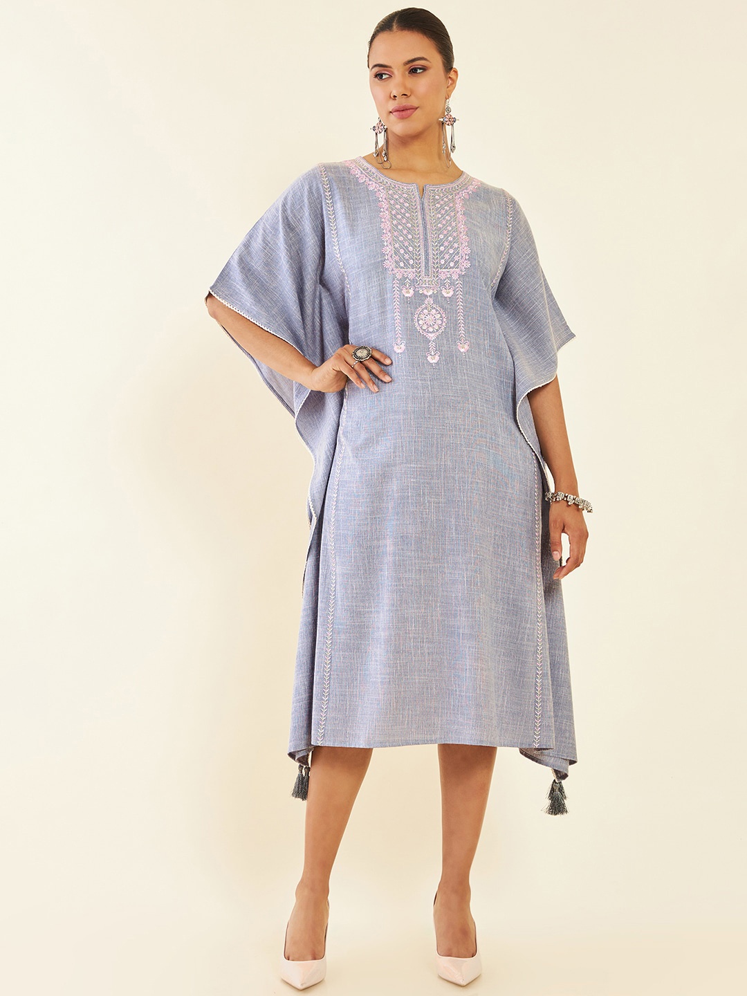 

Soch Grey Ethnic Motifs Embroidered Extended Sleeves Kaftan Midi Ethnic Dress