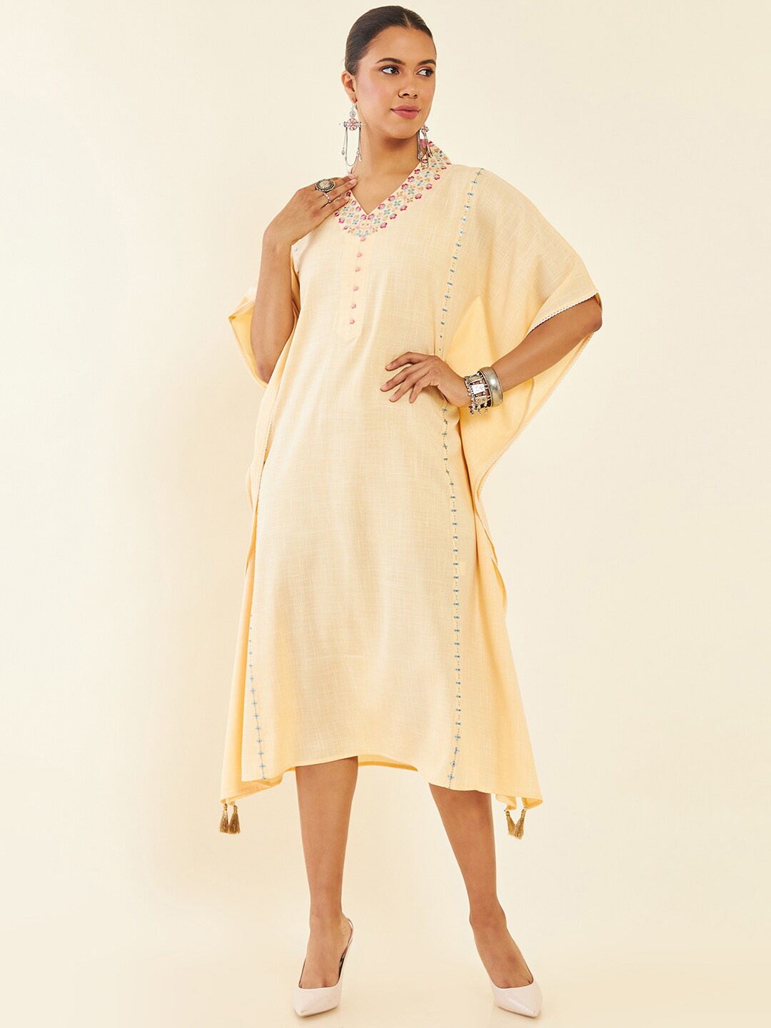 

Soch Yellow Extended Sleeves Embroidered Midi Kaftan Dress