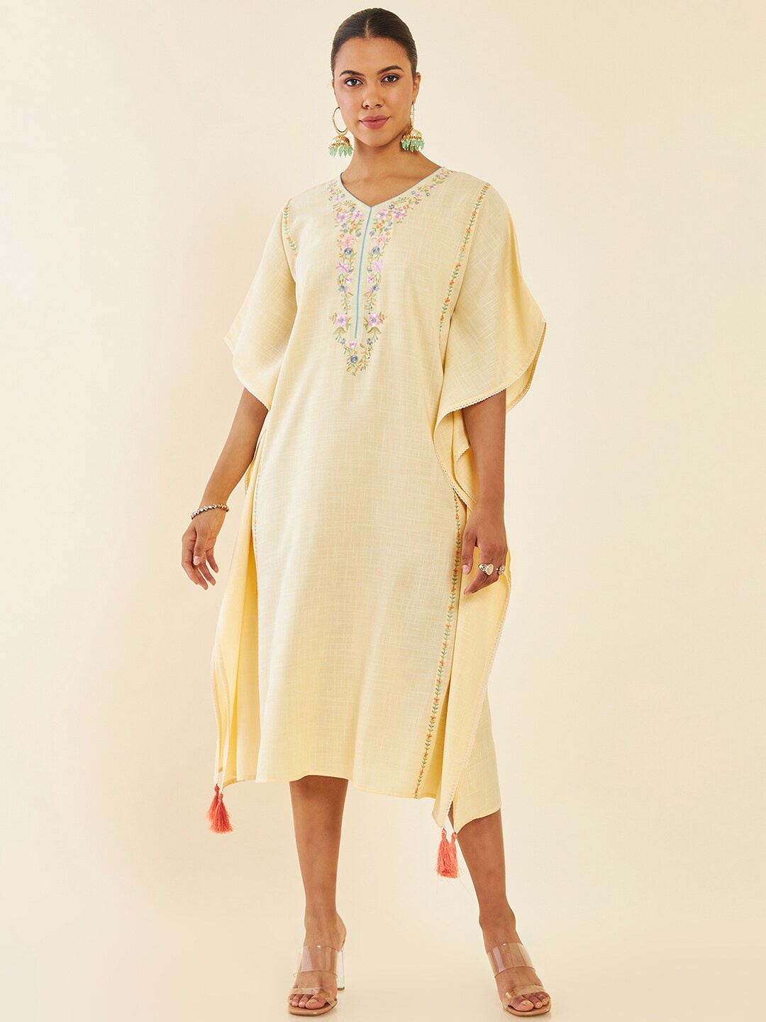 

Soch Yellow Floral Embroidered Extended Sleeves Kaftan Midi Ethnic Dress