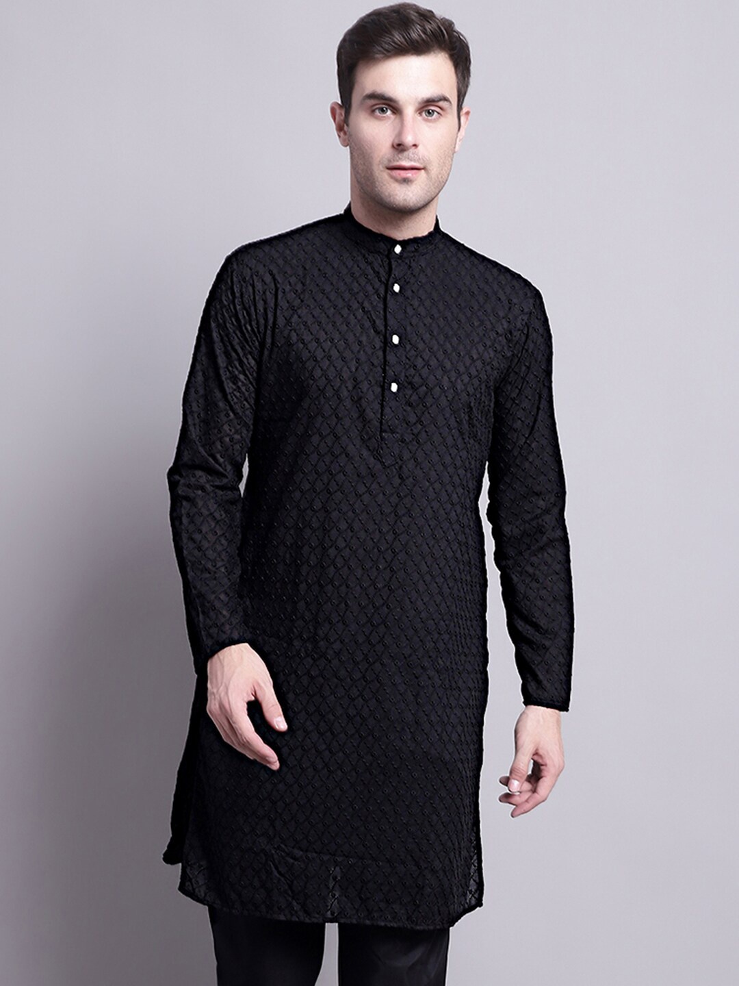 

Jompers Mandarin Collar Embroidered Chikankari Cotton Kurta, Black