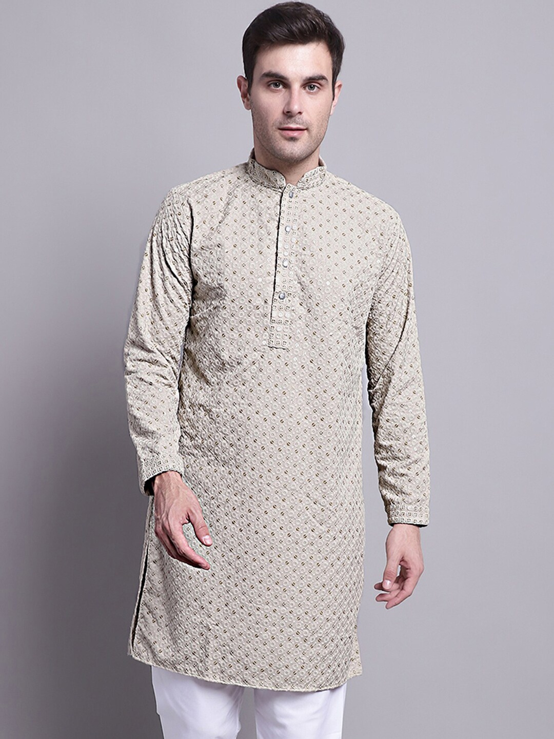 

Jompers Ethnic Motifs Embroidered Sequined Pure Cotton Kurta, Beige