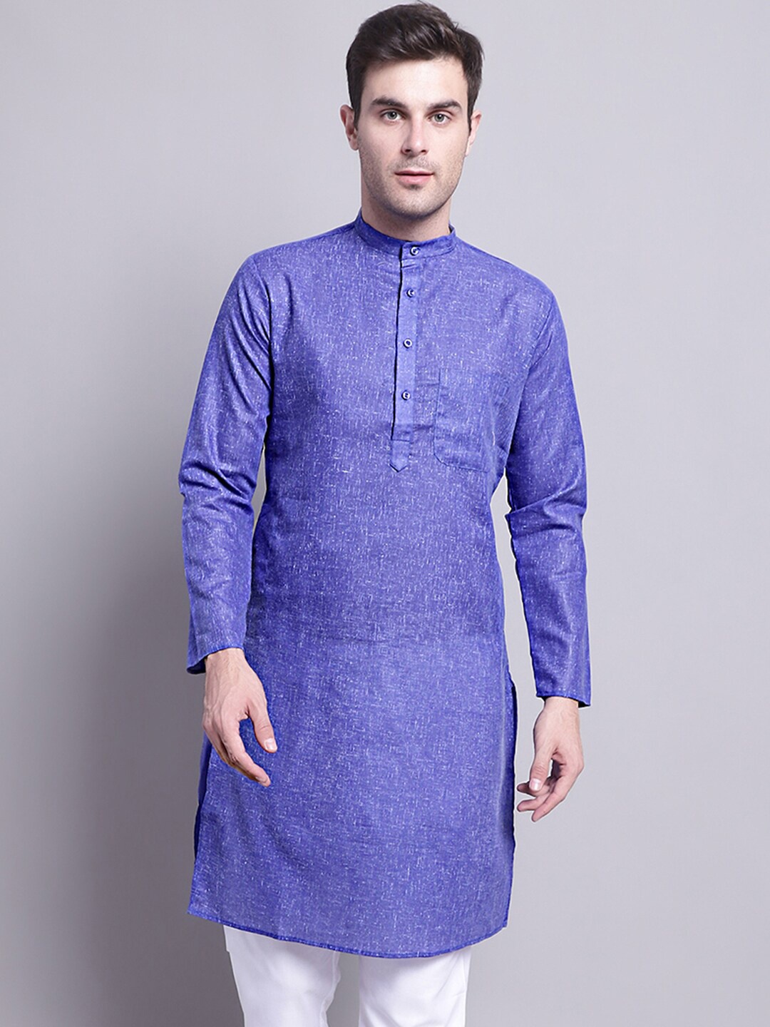 

Jompers Mandarin Collar Woven Design Pure Cotton Kurta, Blue