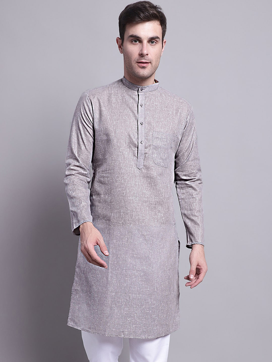 

Jompers Mandarin Collar Woven Design Pure Cotton Kurta, Grey