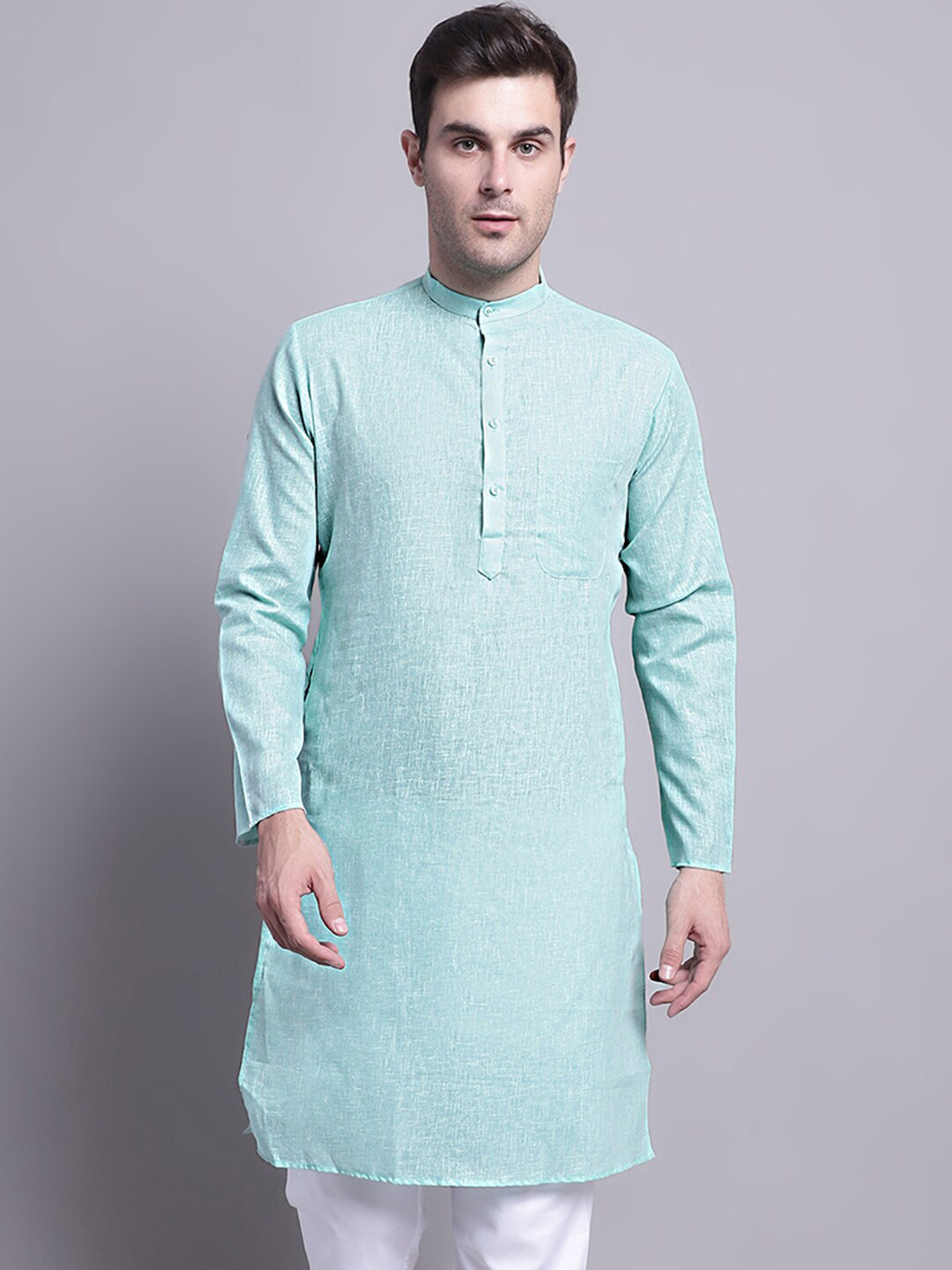 

Jompers Mandarin Collar Woven Design Pure Cotton Kurta, Green