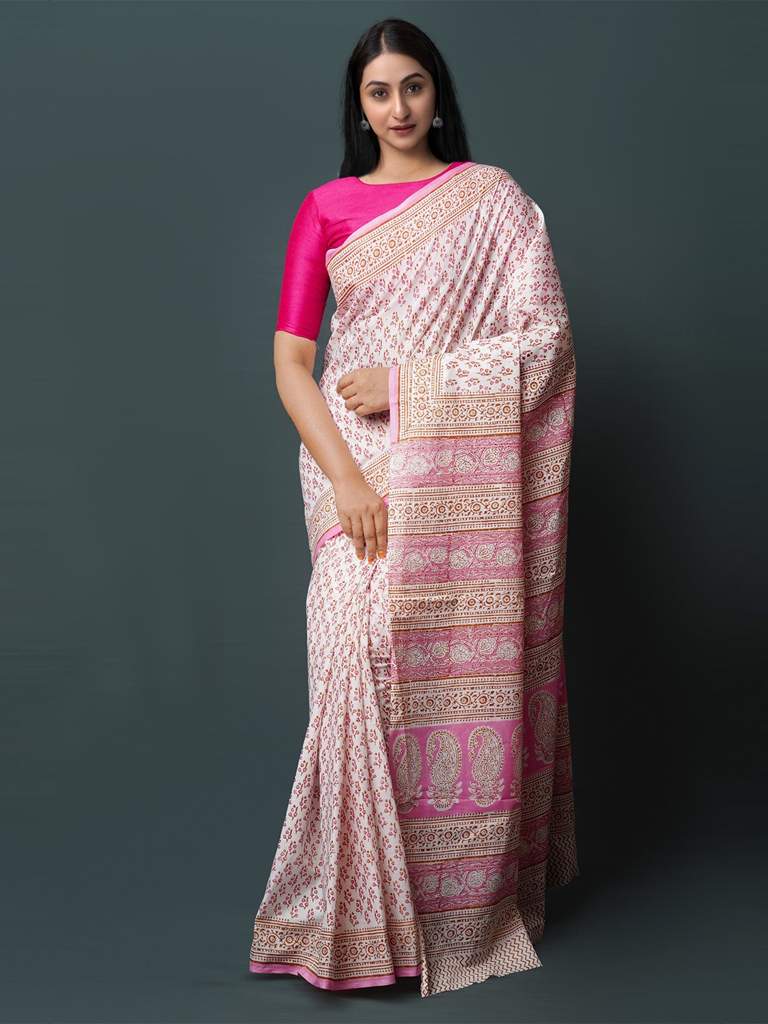 

Unnati Silks Ethnic Motifs Pure Cotton Block Print Saree, White