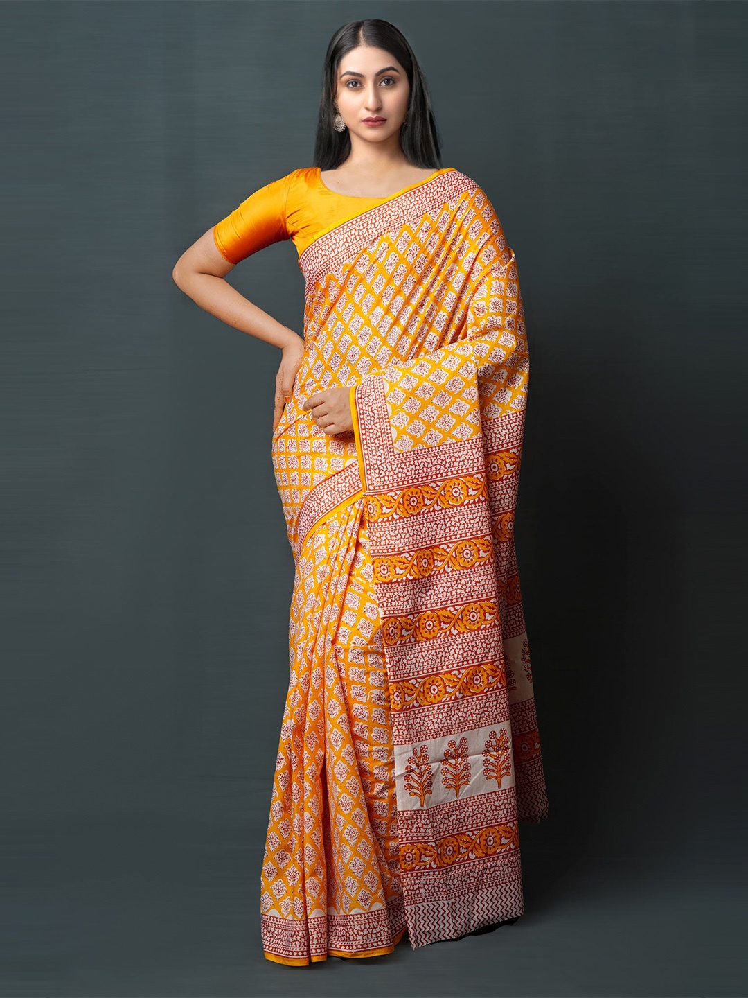 

Unnati Silks Ethnic Motifs Block Printed Pure Cotton Saree, Yellow