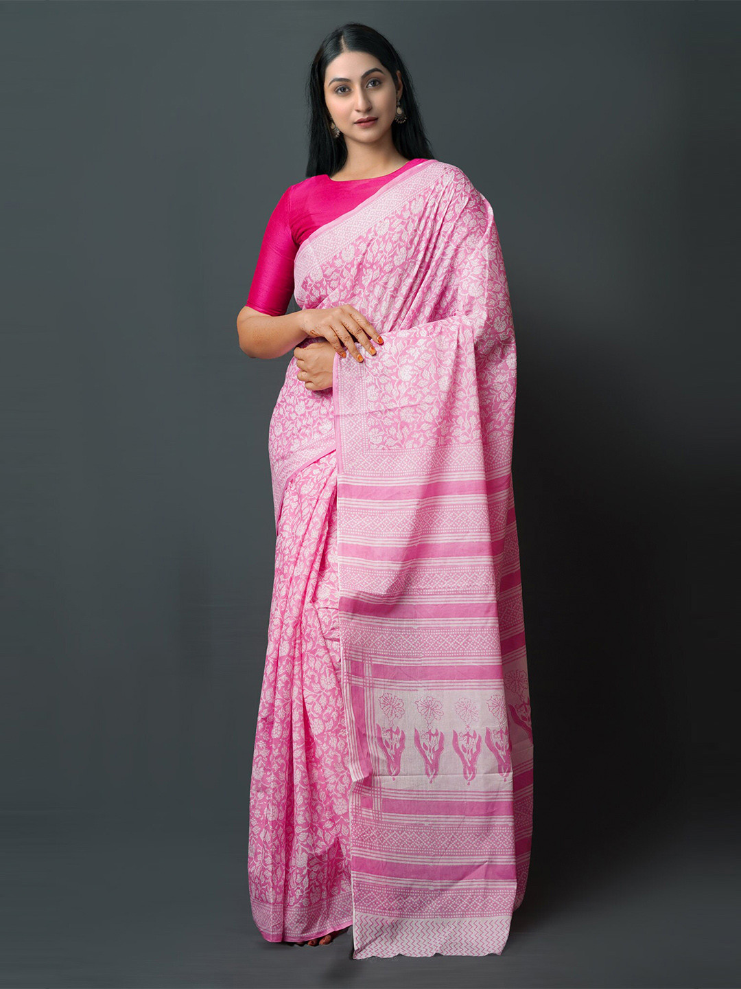 

Unnati Silks Ethnic Motifs Block Printed Pure Cotton Saree, Pink