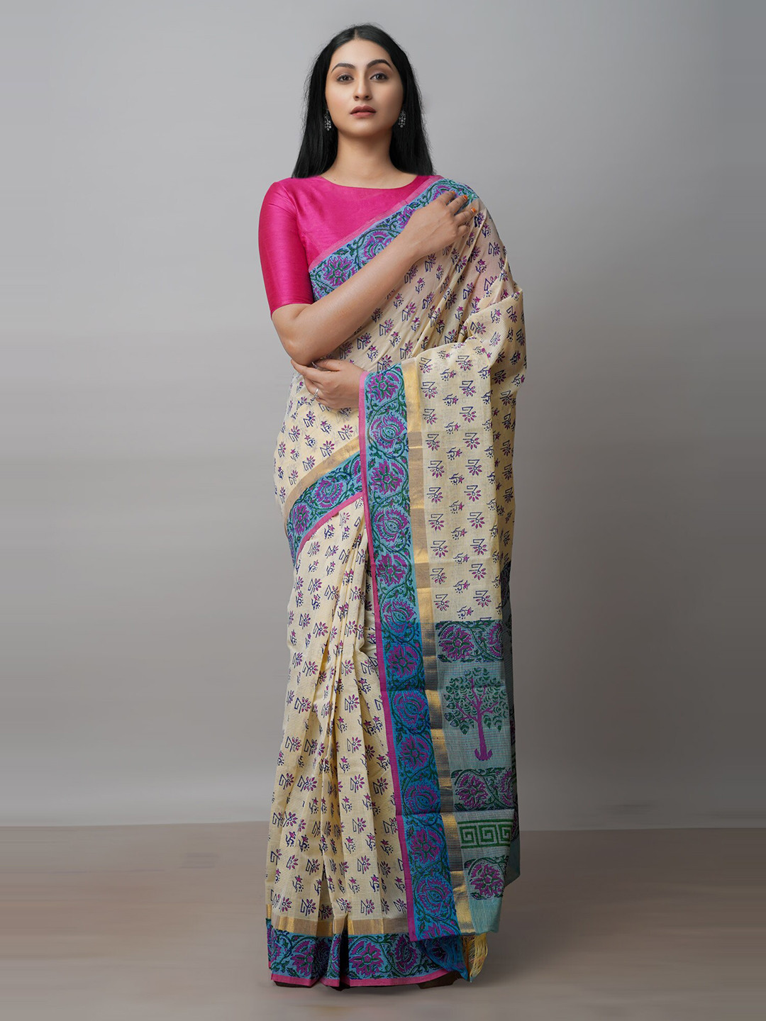 

Unnati Silks Floral Printed Zari Pure Cotton Mangalagiri Saree, Cream