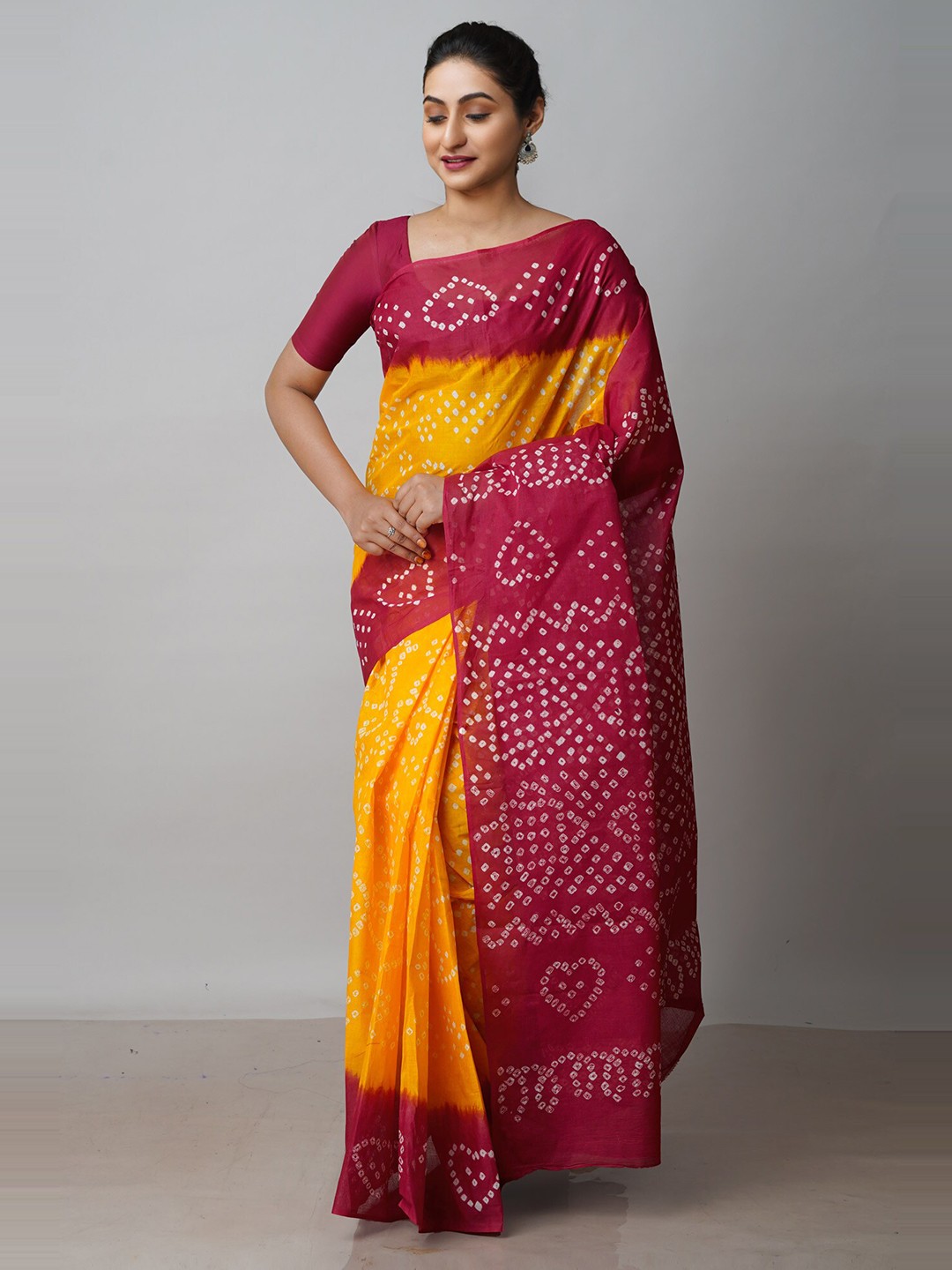 

Unnati Silks Bandhani Printed Pure Cotton Saree Saree, Yellow