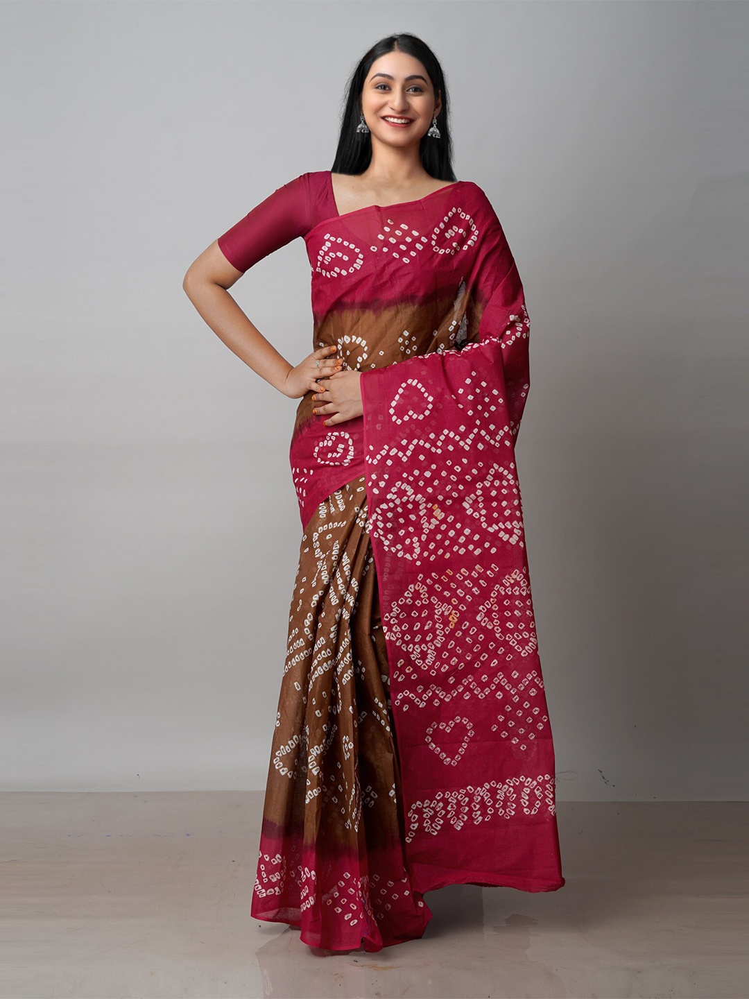 

Unnati Silks Bandhani Printed Pure Cotton Saree, Brown