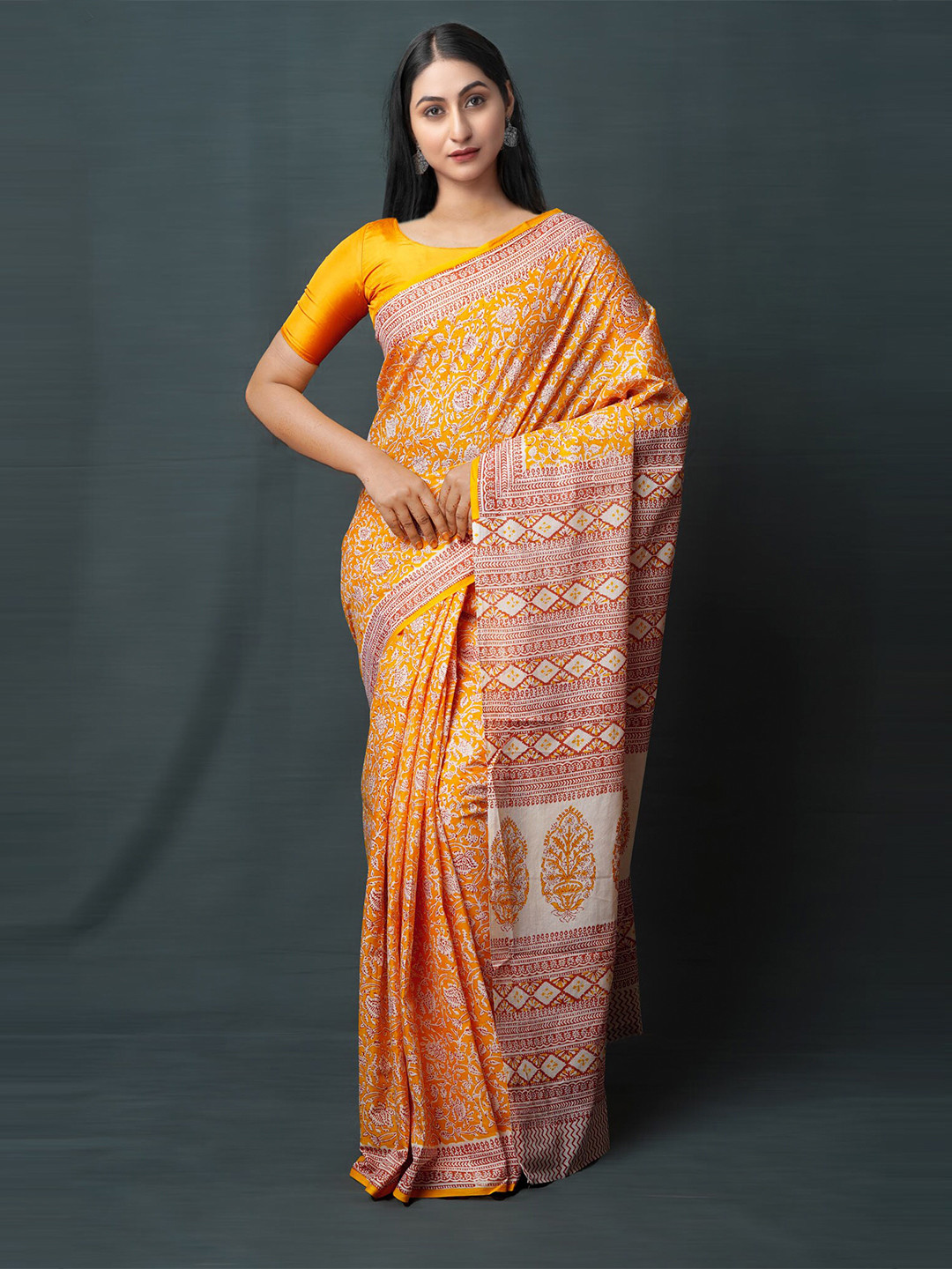 

Unnati Silks Ethnic Motifs Pure Cotton Block Print Saree, Yellow