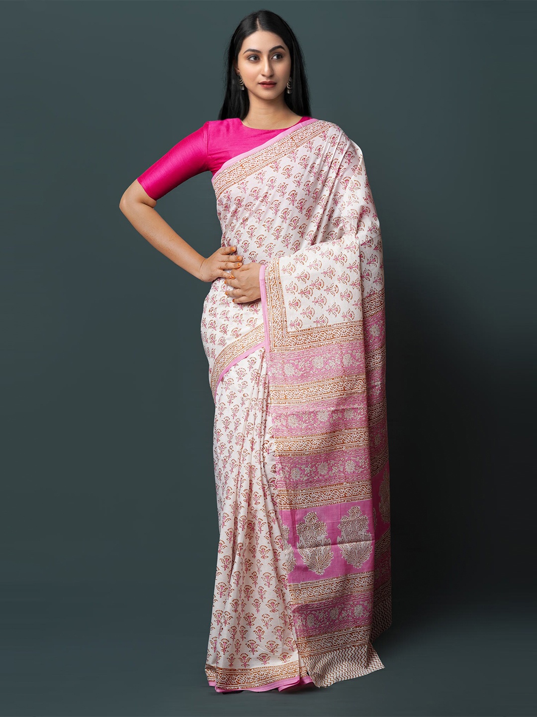 

Unnati Silks Ethnic Motifs Block Printed Pure Cotton Saree, White