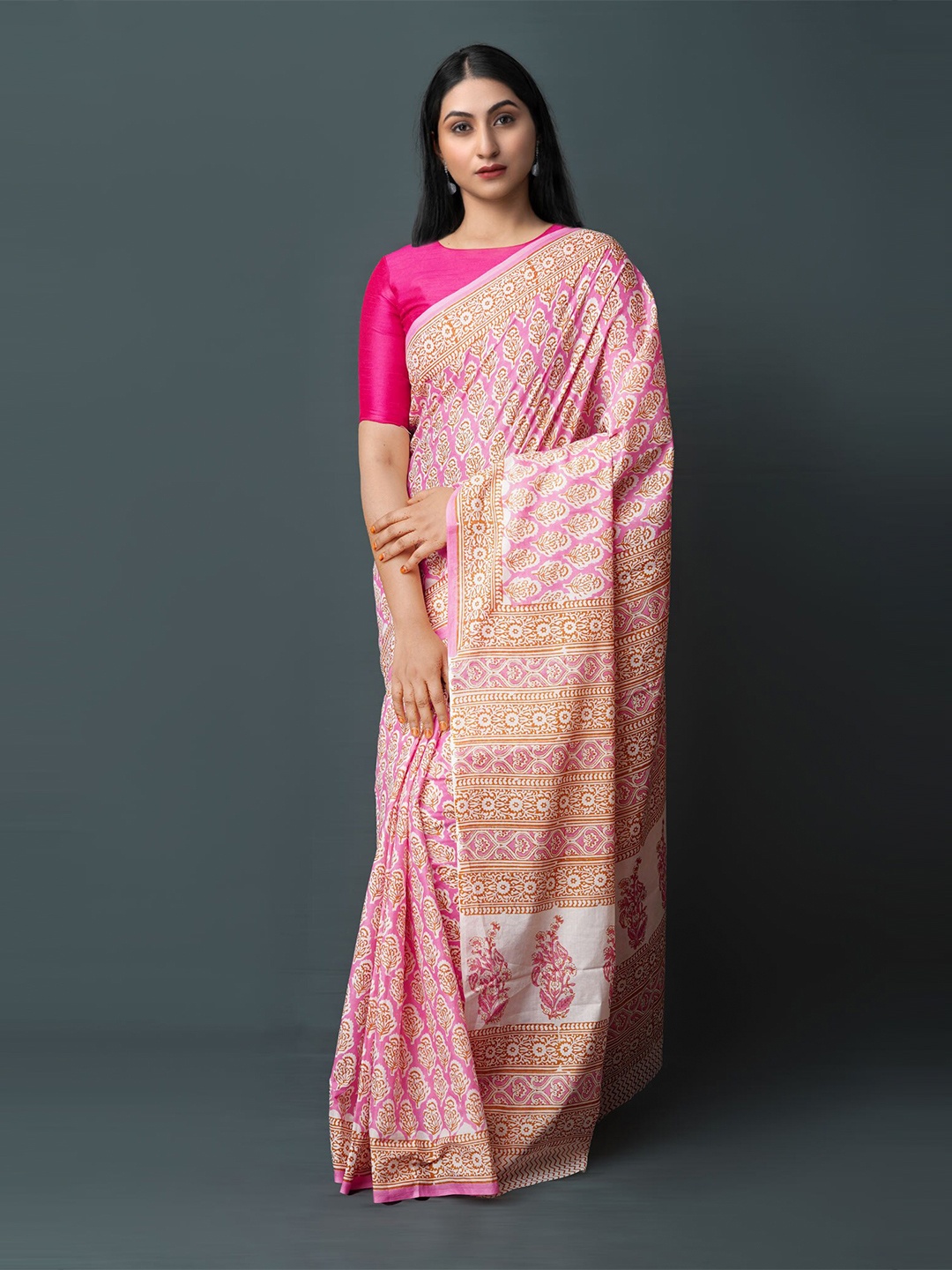 

Unnati Silks Ethnic Motifs Block Printed Pure Cotton Saree, Pink