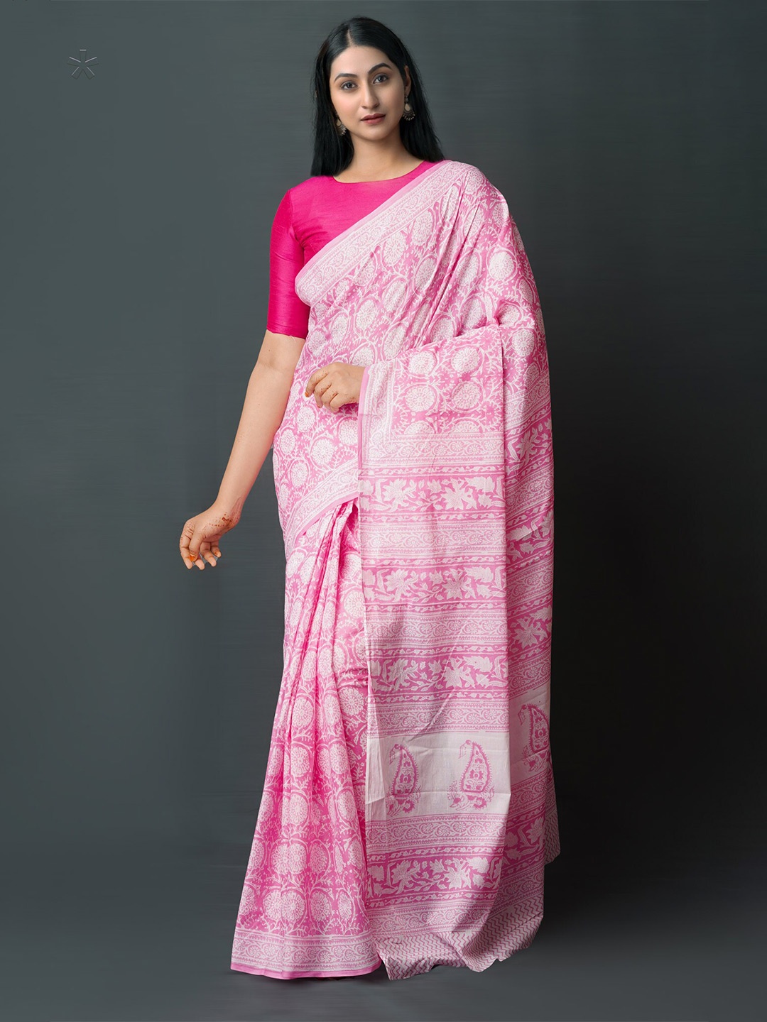 

Unnati Silks Ethnic Motifs Block Printed Pure Cotton Saree, Pink