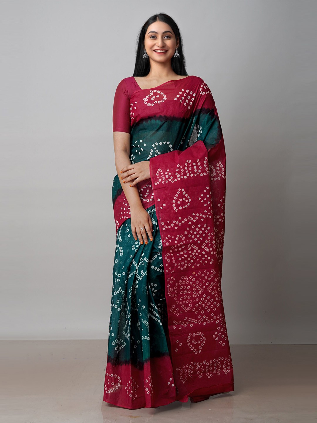 

Unnati Silks Bandhani Printed Pure Cotton Saree, Green