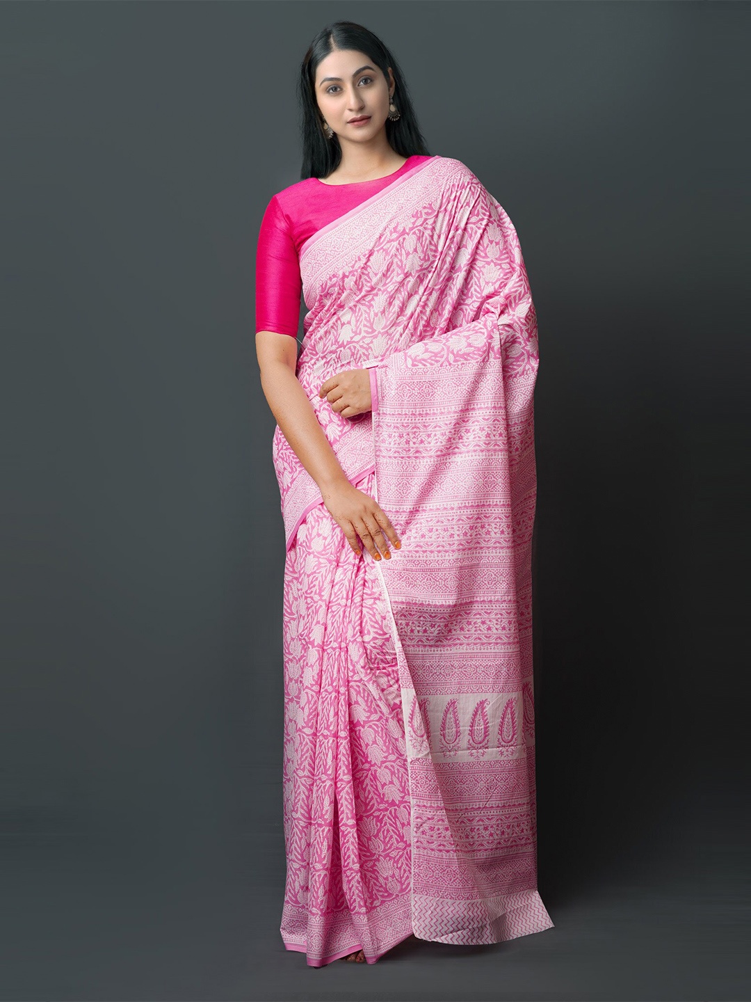 

Unnati Silks Ethnic Motifs Block Printed Pure Cotton Saree, Pink