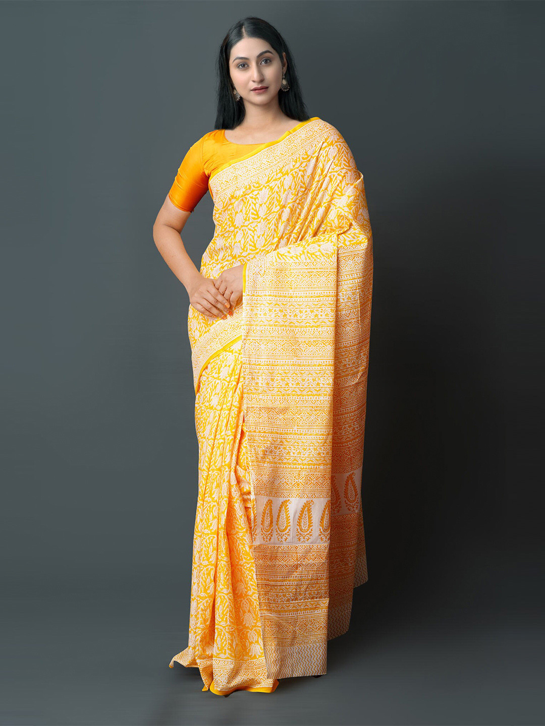 

Unnati Silks Ethnic Motifs Block Printed Pure Cotton Saree, Yellow