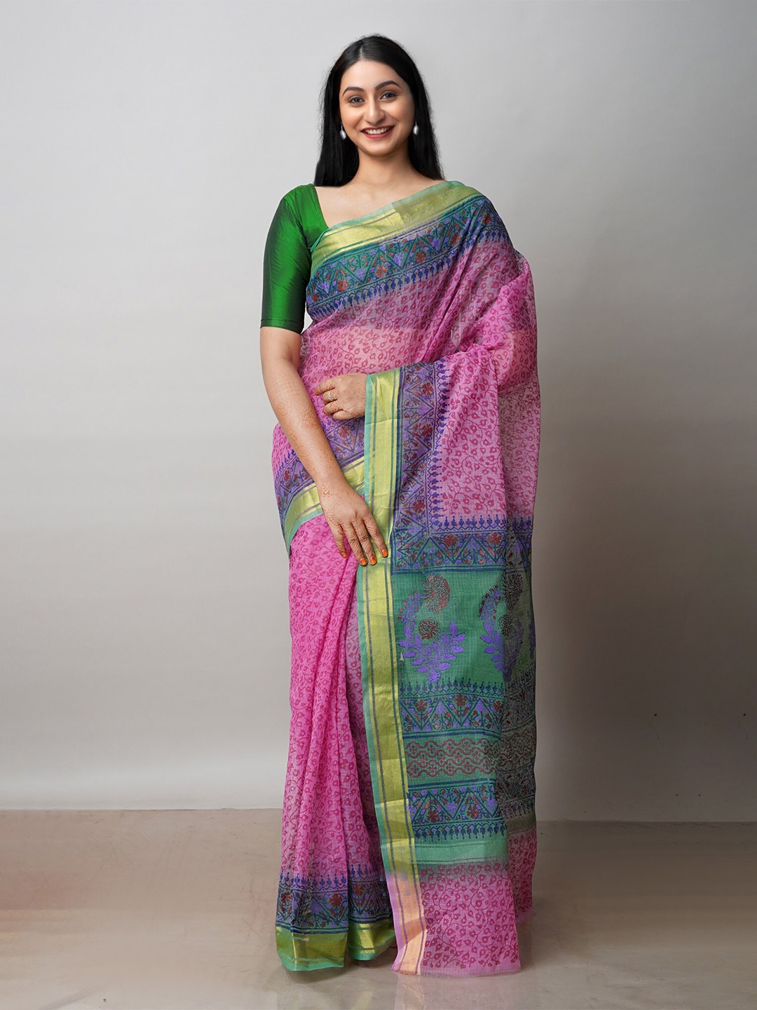

Unnati Silks Ethnic Motifs Printed Pure Cotton Kota Saree, Pink
