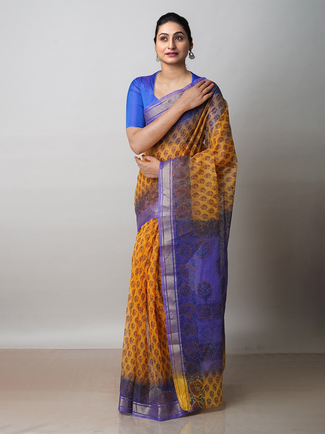 

Unnati Silks Ethnic Motifs Printed Zari Pure Cotton Kota Saree, Yellow