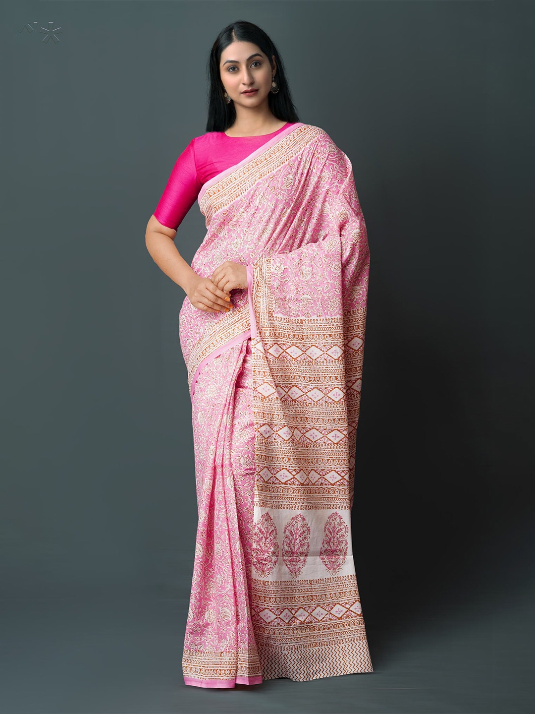 

Unnati Silks Ethnic Motifs Block Printed Pure Cotton Saree, Pink