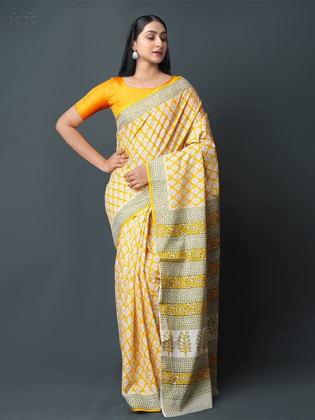 

Unnati Silks Ethnic Motifs Block Printed Pure Cotton Saree, Yellow