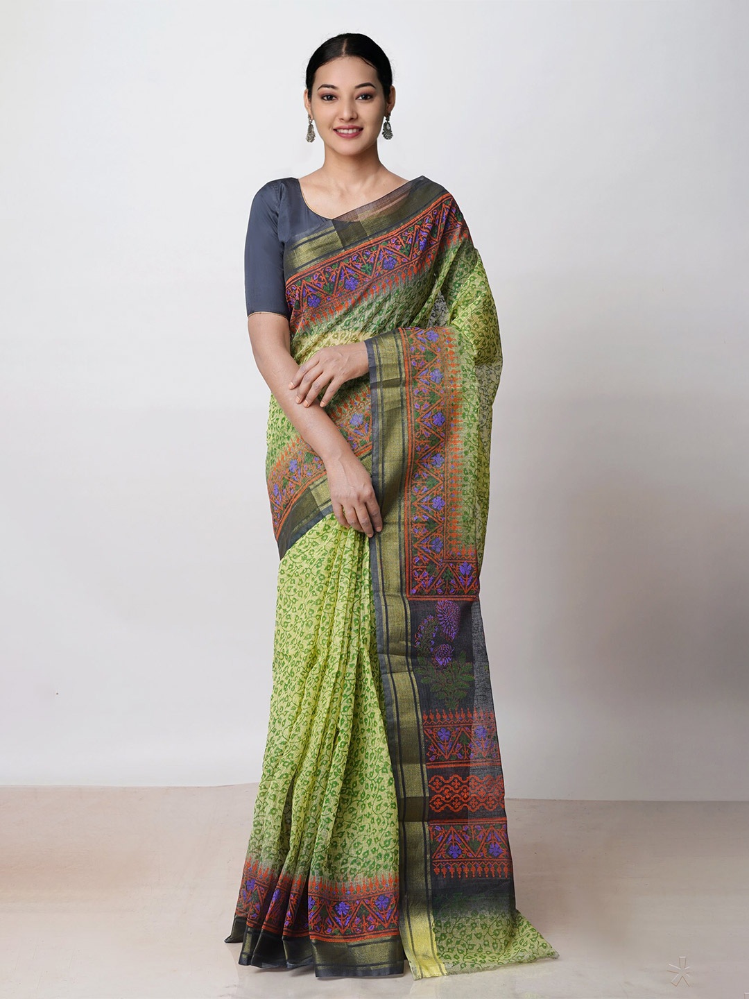 

Unnati Silks Ethnic Motifs Zari Pure Cotton Kota Saree, Green