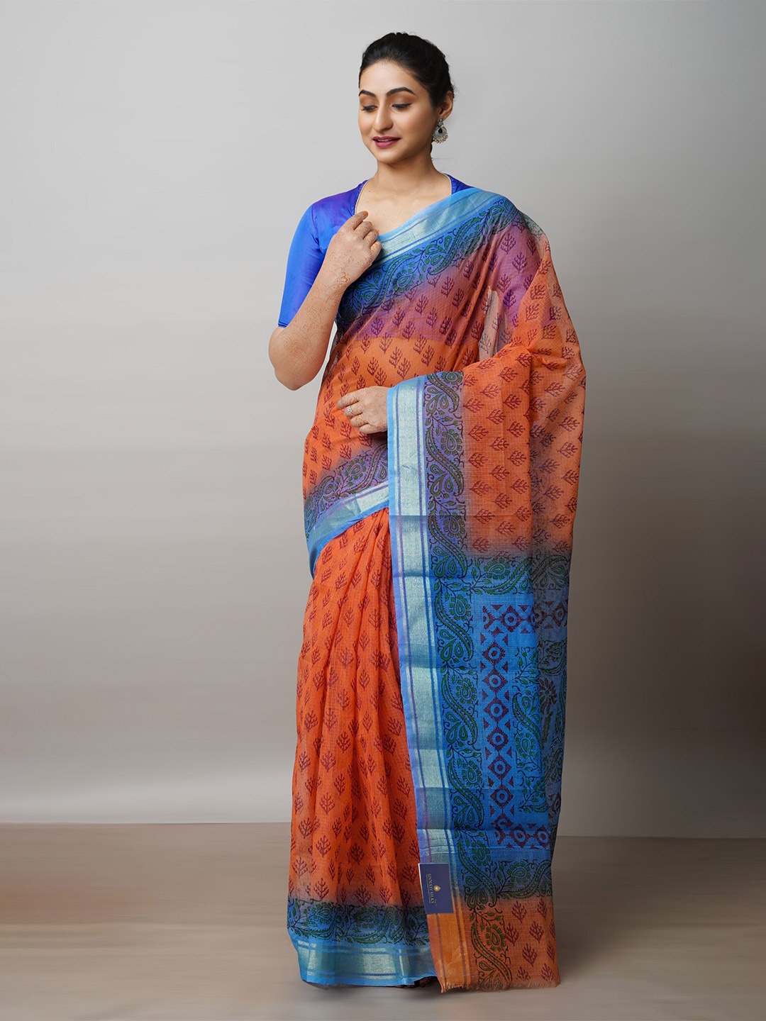 

Unnati Silks Ethnic Motifs Zari Pure Cotton Kota Saree, Orange