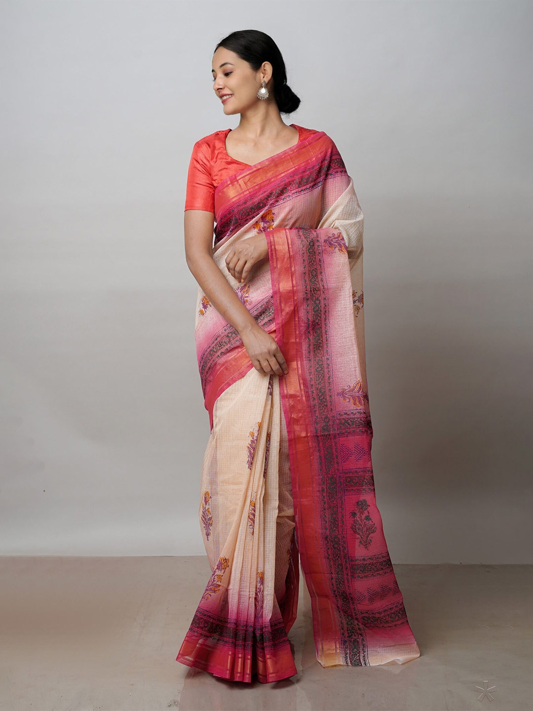 

Unnati Silks Ethnic Motifs Printed Zari Pure Cotton Kota Saree, Cream