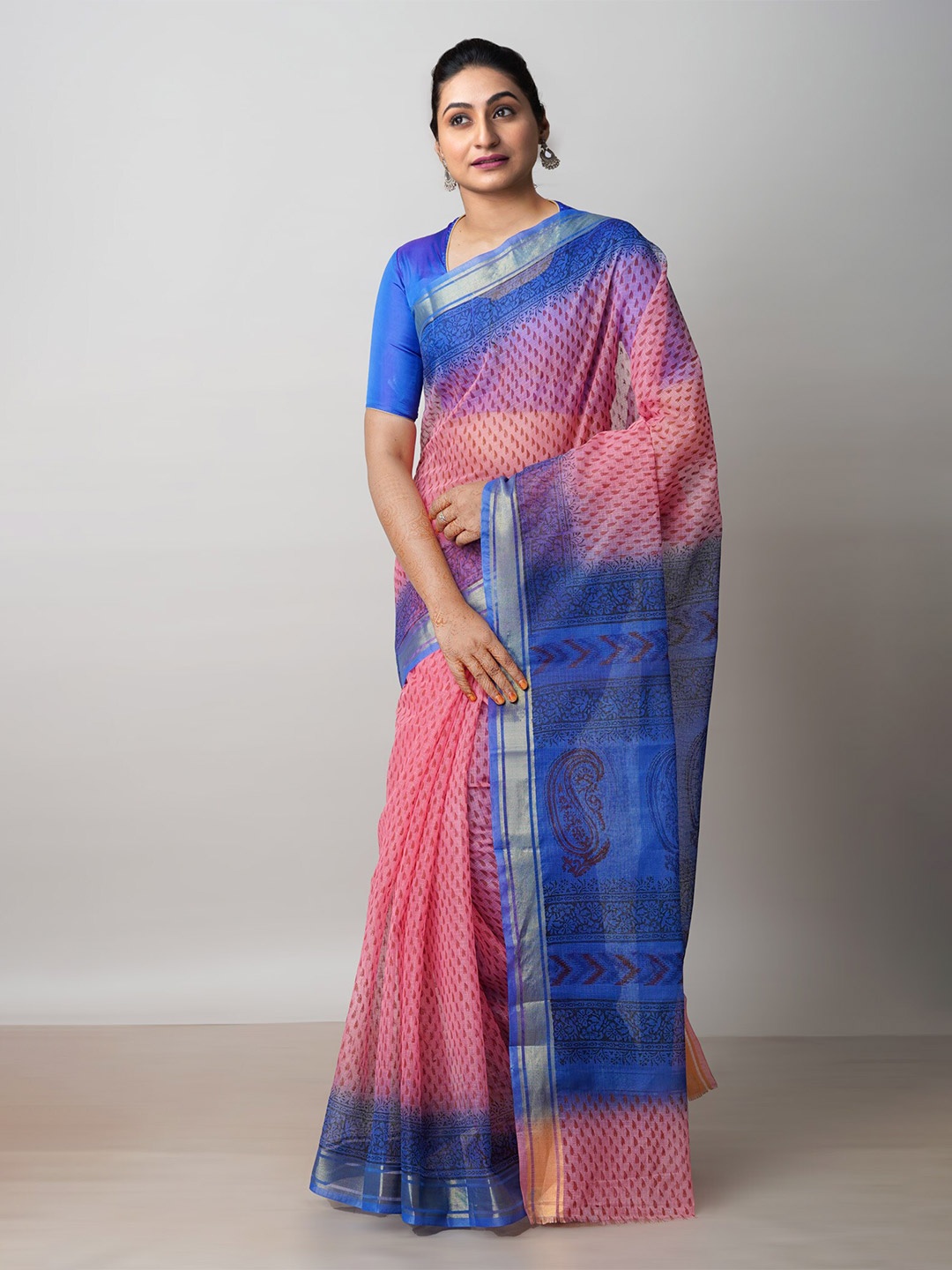 

Unnati Silks Ethnic Motifs Printed Zari Pure Cotton Kota Saree, Pink