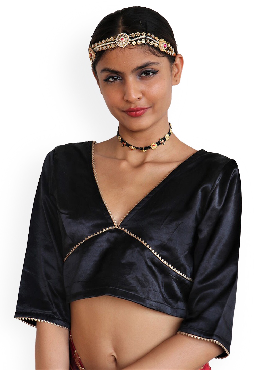 

Chidiyaa V-Neck Silk Saree Blouse, Black