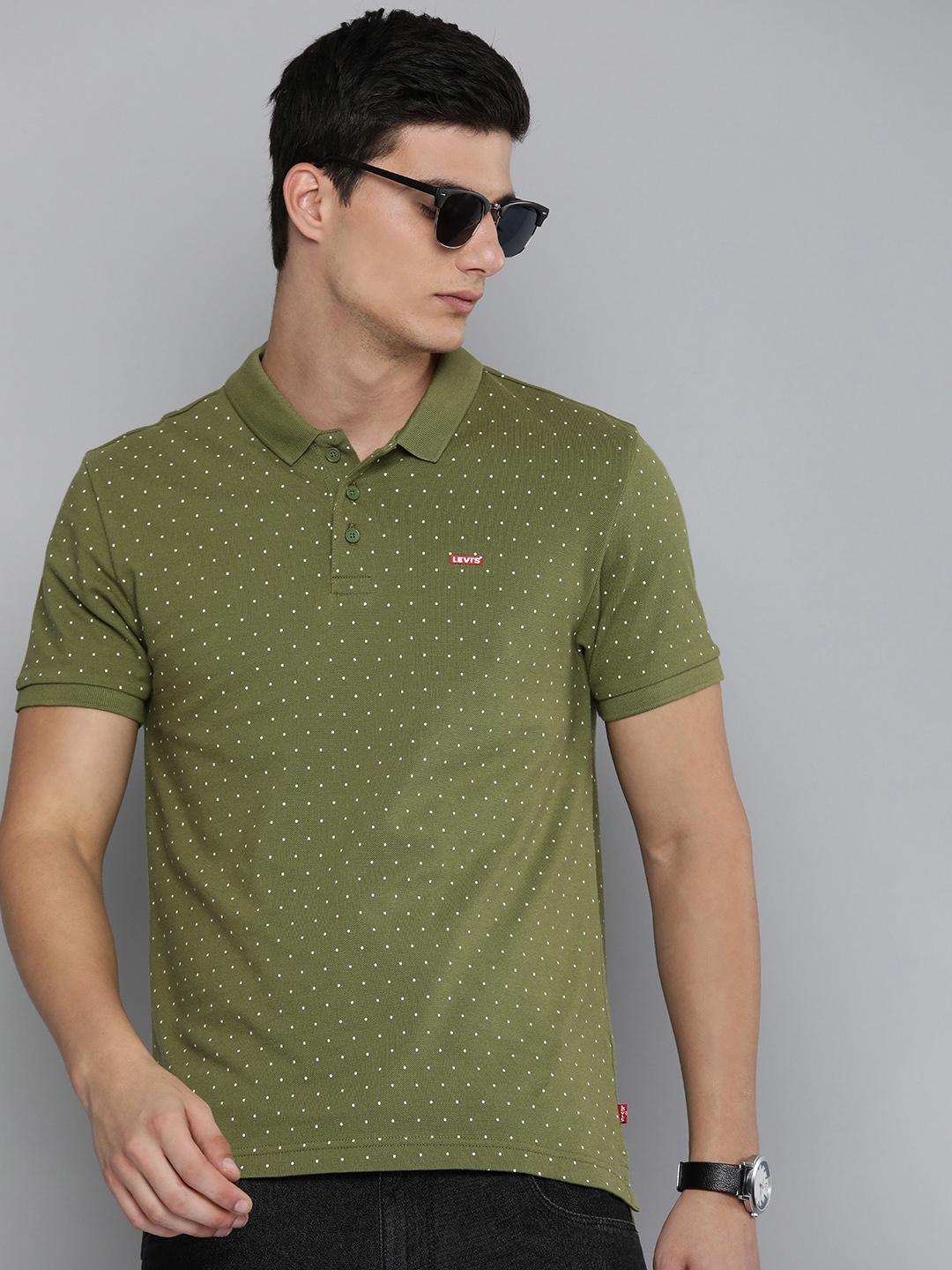 

Levis Polka Dot Printed Polo Collar Pure Cotton T-shirt, Green