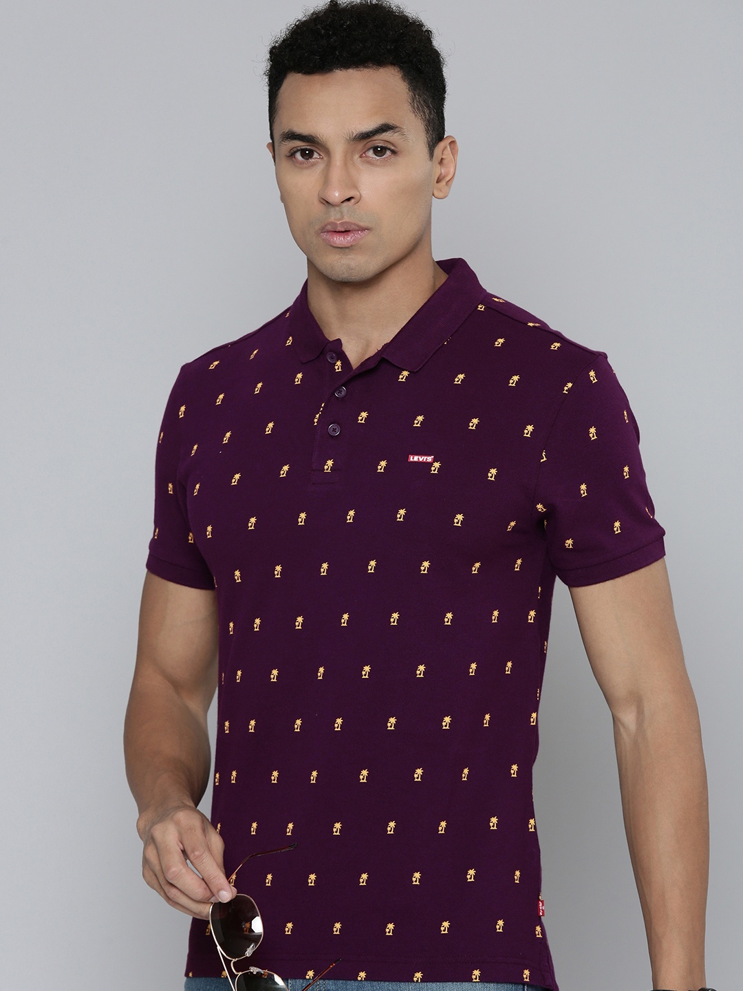 

Levis Men Tropical Printed Polo Collar Pure Cotton T-shirt, Purple