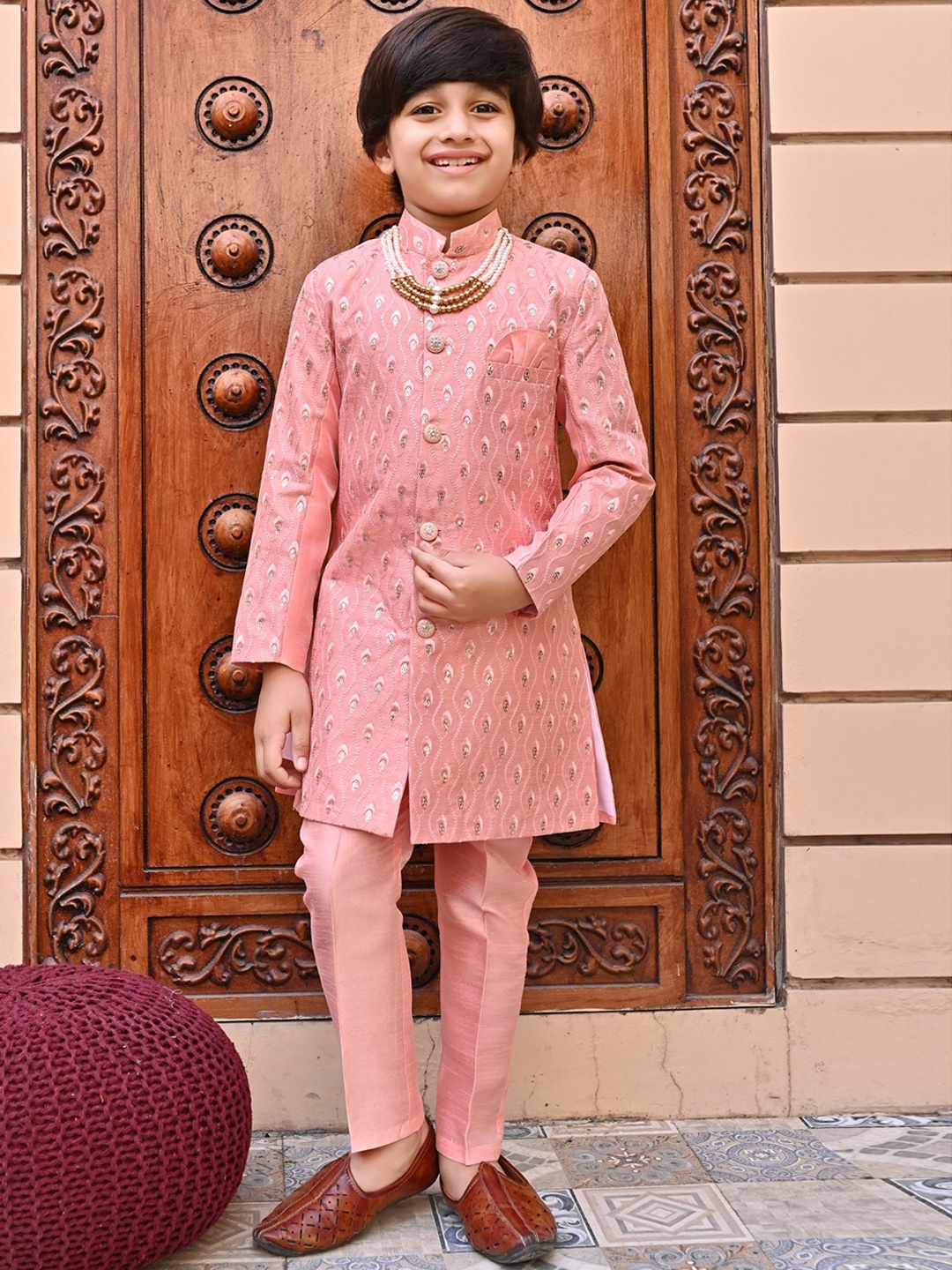 

ahhaaaa Boys Embroidered Indo-Western Sherwani Set, Pink