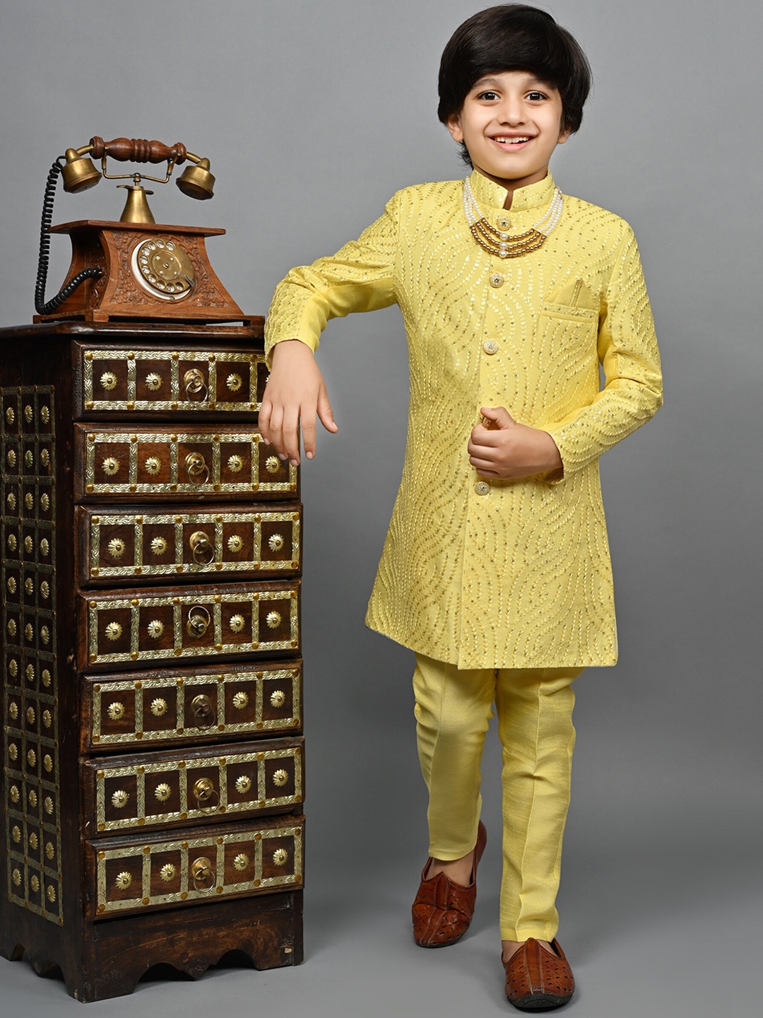 

ahhaaaa Boys Embroidered Indo-Western Sherwani, Yellow