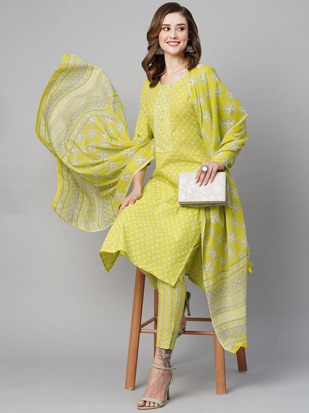 

INDYES Ethnic Motifs Printed Mirror Work Pure Cotton Kurta with Trousers & With Dupatta, Lime green
