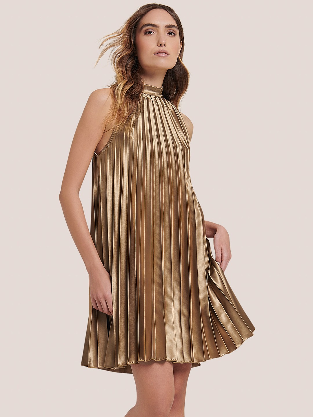 

ALCOTT Accordion Pleated Satin Mini A-Line Dress with Sheen Effect, Copper