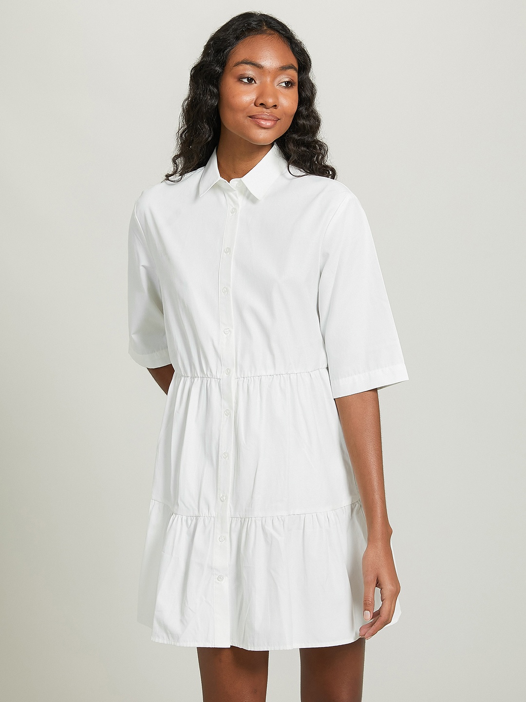 

ALCOTT Tiered Mini Shirt Dress, White