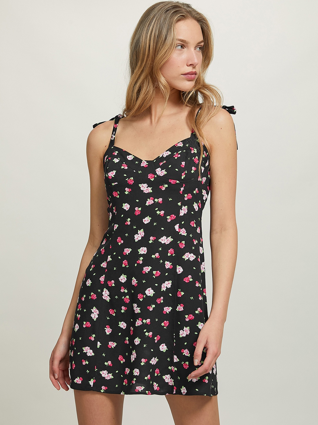 

ALCOTT Floral Print A-Line Mini Dress, Black