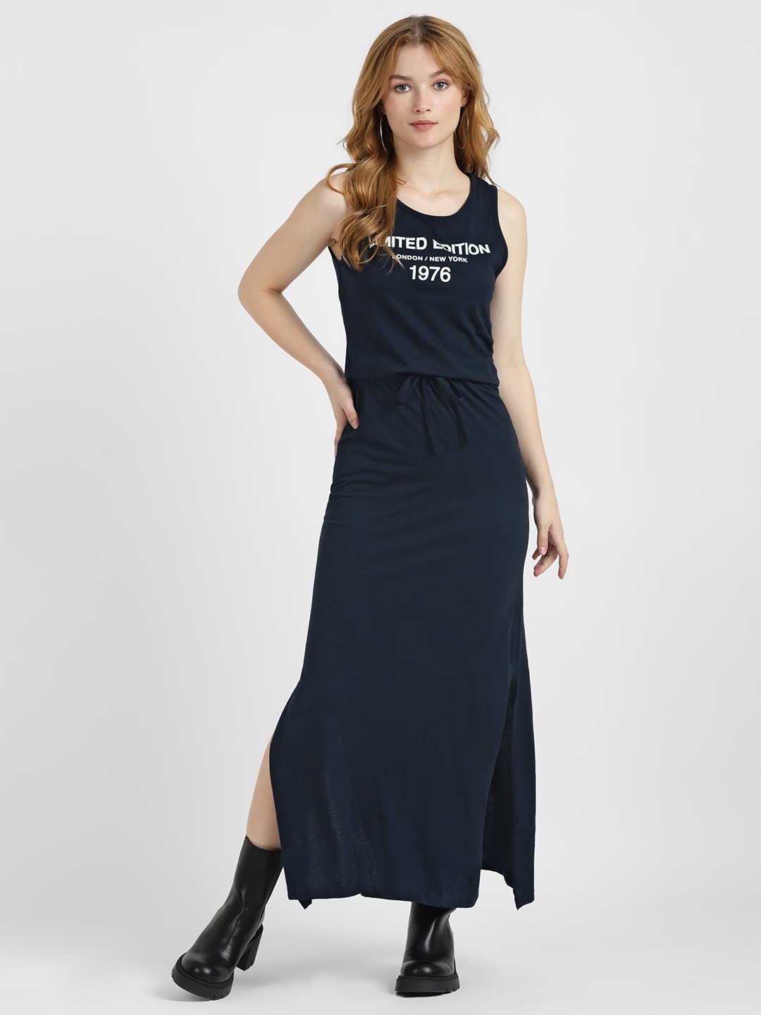 

ALCOTT Pure Cotton Typography Print Blouson Maxi Dress, Navy blue